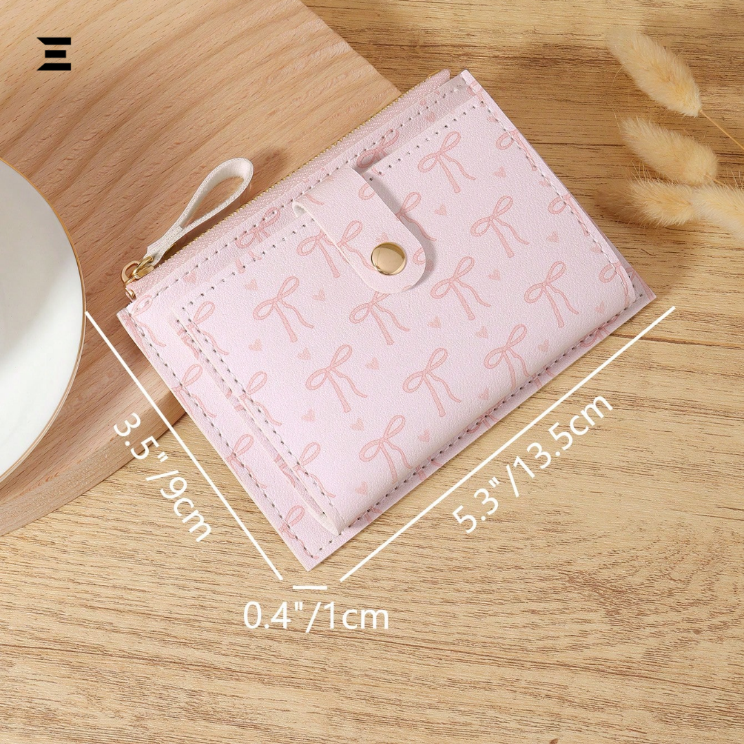 Pink Bow Love Pattern Buckle Wallet – Slim Lightweight Card Holder with Zipper Coin Pocket & Multiple Slots IBRELIA