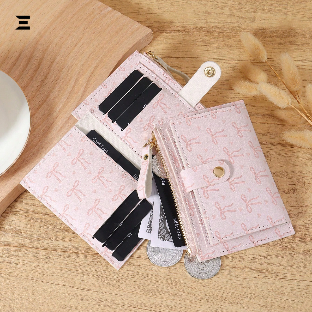Pink Bow Love Pattern Buckle Wallet – Slim Lightweight Card Holder with Zipper Coin Pocket & Multiple Slots IBRELIA
