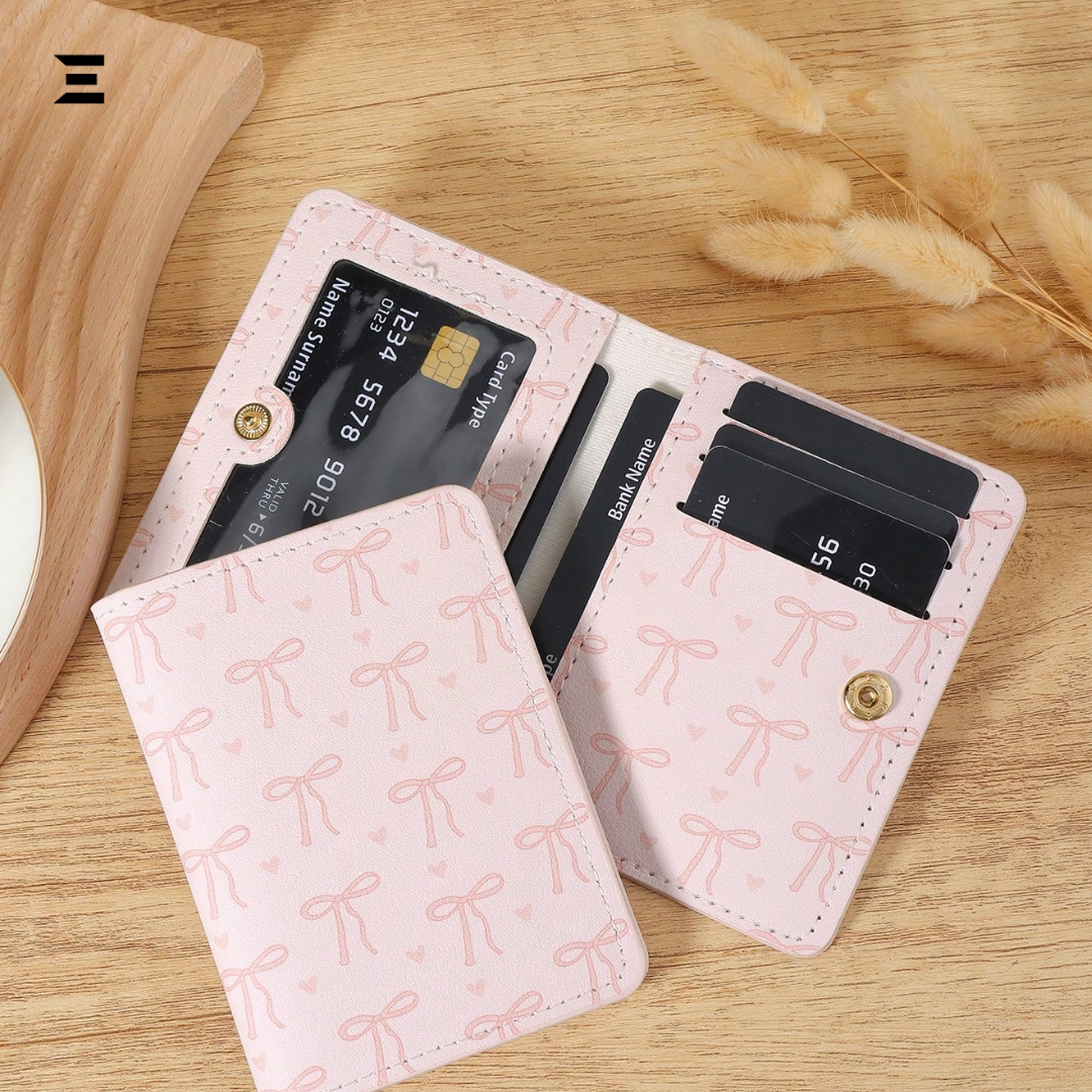 Pink Bow Love Pattern Mini Purse & Pocket Wallet – Slim Lightweight Card Holder with ID Window & Cash Slot for Women & Girls IBRELIA