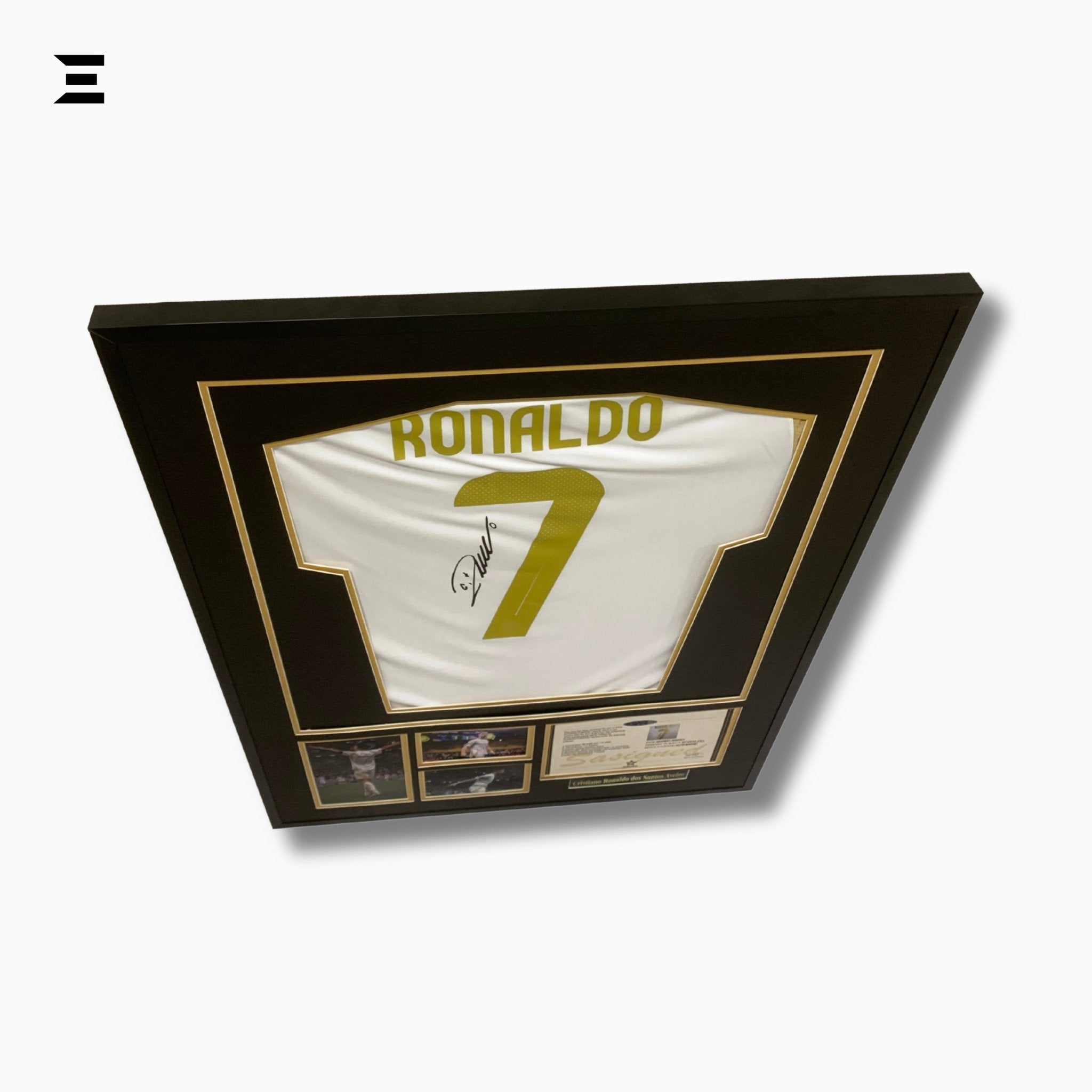 Cristiano Ronaldo “Signed” Real Madrid Gold Edition Jersey Frame – Facsimile Autograph | Metal & Acrylic Display 23.5 × 31.5 in | IBRELIA™ - IBRELIA