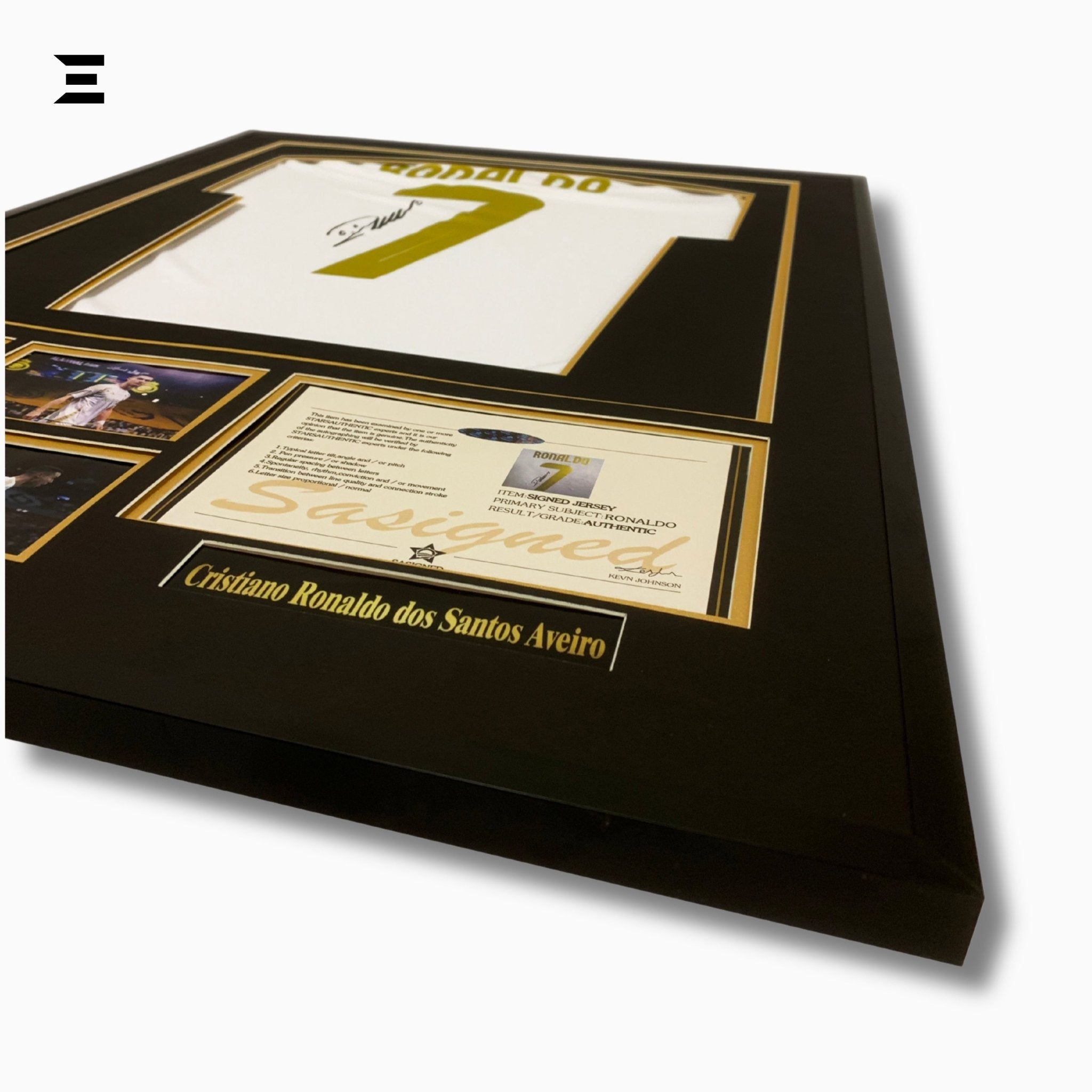 Cristiano Ronaldo “Signed” Real Madrid Gold Edition Jersey Frame – Facsimile Autograph | Metal & Acrylic Display 23.5 × 31.5 in | IBRELIA™ - IBRELIA