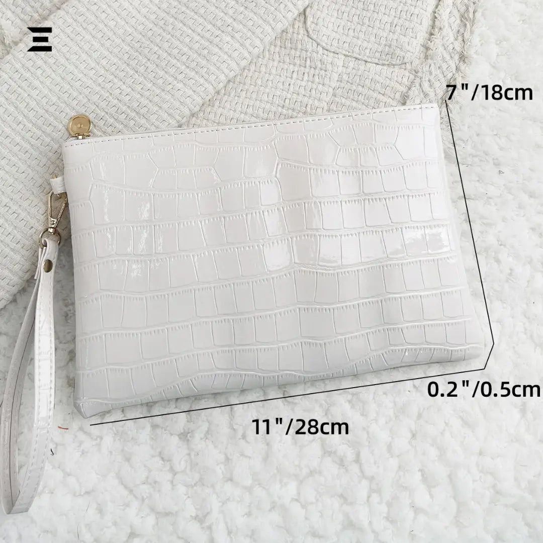 Premium White Crocodile-Embossed Women’s Clutch – Elegant Wristlet, PU Leather, Daily & Party Bag IBRELIA