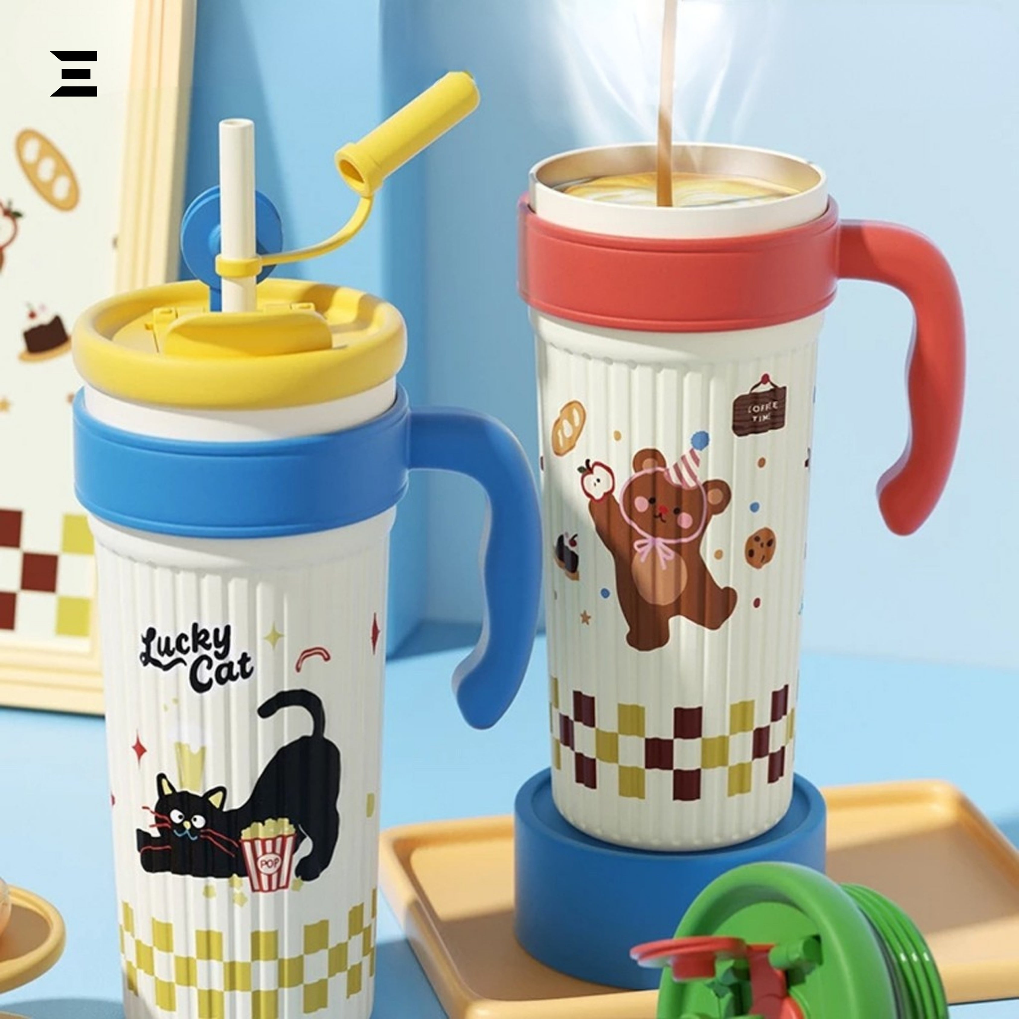Twilight Ice Fighter Lucky Cat Cup 750ML | Cute Cartoon Straw Tumbler with Handle | IBRELIA™ IBRELIA