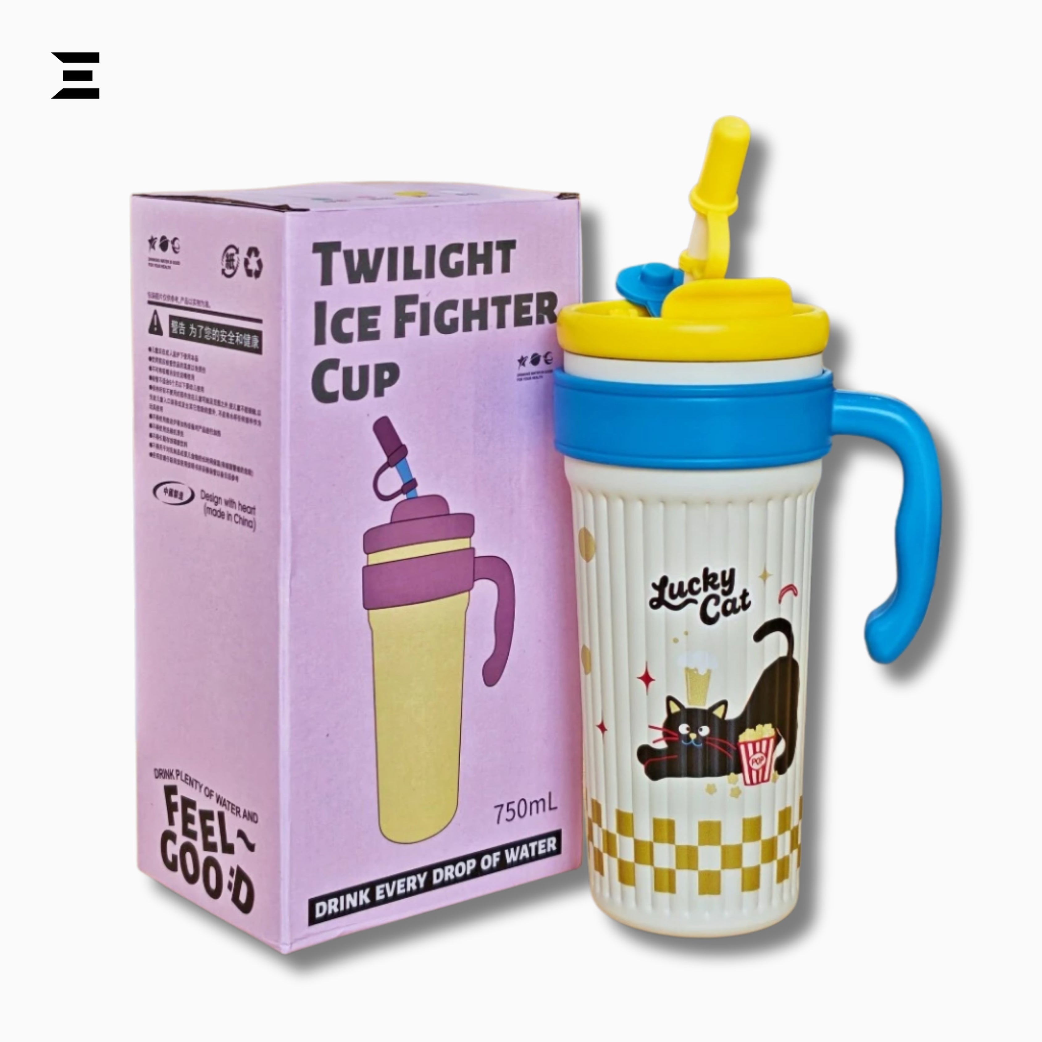 Twilight Ice Fighter Lucky Cat Cup 750ML | Cute Cartoon Straw Tumbler with Handle | IBRELIA™ IBRELIA