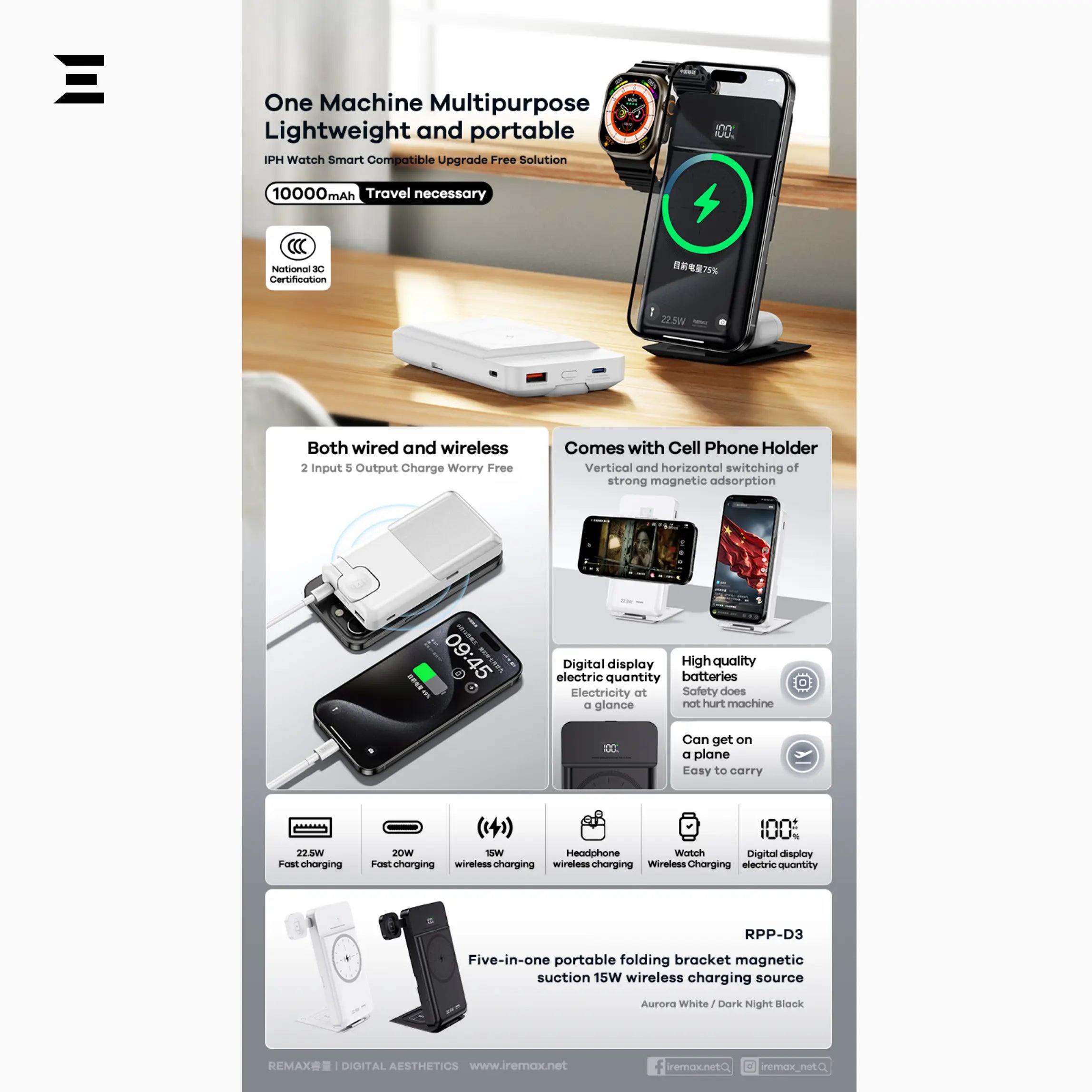 Remax RPP - D3 Power Bank – 10000mAh, 15W Magnetic Wireless, 5 - in - 1 Folding Stand - IBRELIA