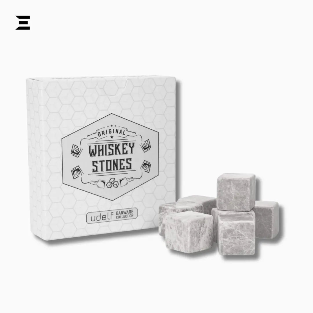 Hediyesepeti Whiskey Stones Set – 12 Marble Ice Cubes with Gift Box & Fabric Bag (Grey) IBRELIA