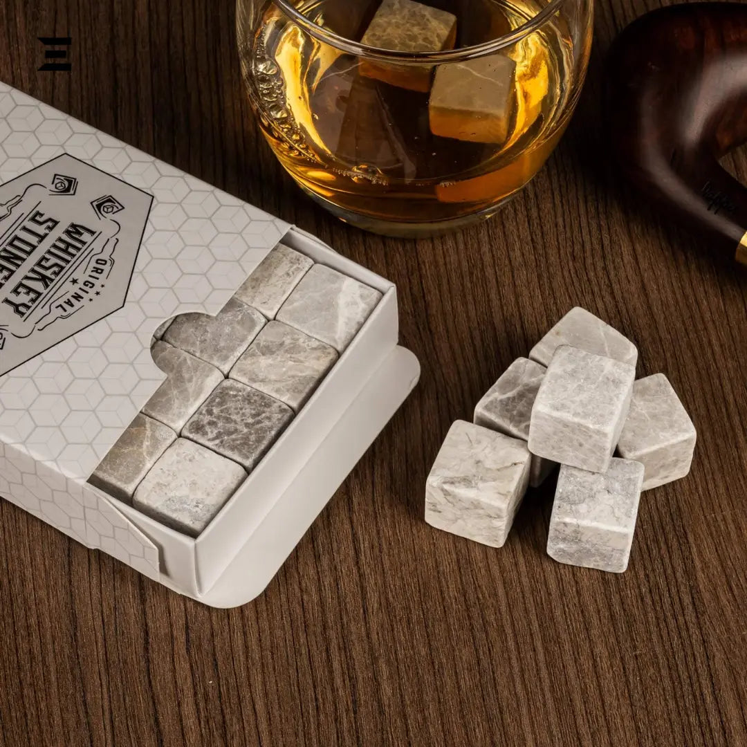 Hediyesepeti Whiskey Stones Set – 12 Marble Ice Cubes with Gift Box & Fabric Bag (Grey) IBRELIA