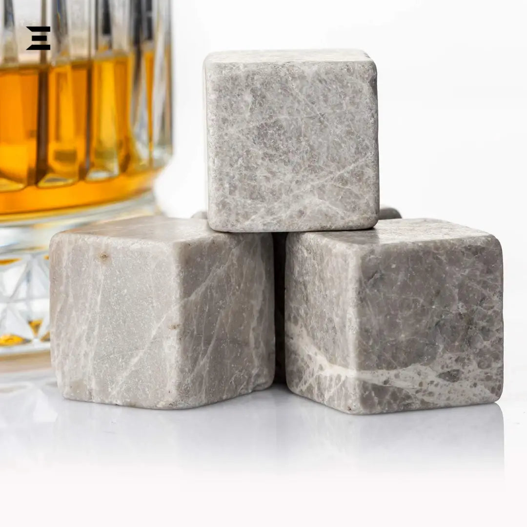 Hediyesepeti Whiskey Stones Set – 12 Marble Ice Cubes with Gift Box & Fabric Bag (Grey) IBRELIA