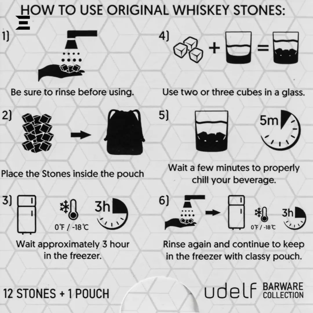 Hediyesepeti Whiskey Stones Set – 12 Marble Ice Cubes with Gift Box & Fabric Bag (Grey) IBRELIA