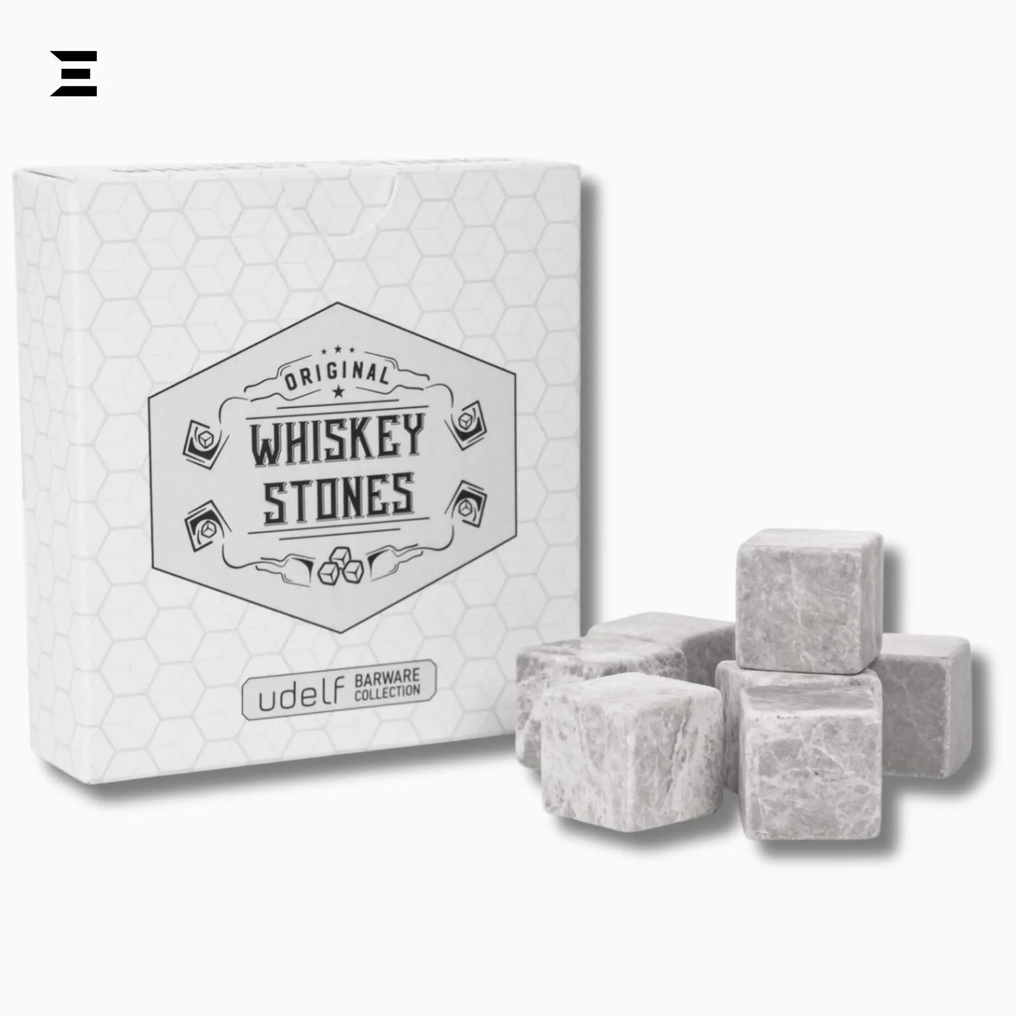 Hediyesepeti Whiskey Stones Set – 12 Marble Ice Cubes with Gift Box & Fabric Bag (Grey) - IBRELIA