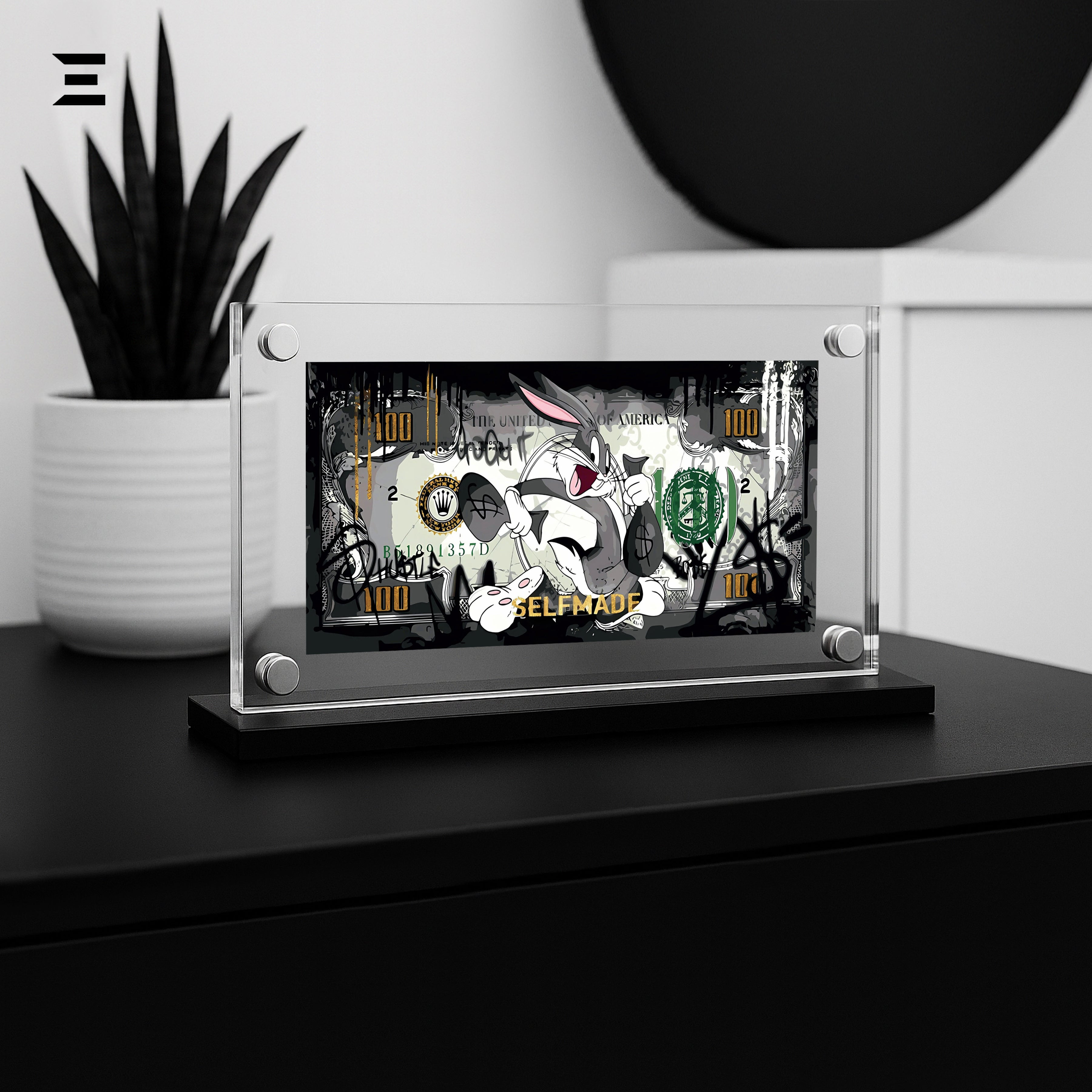 Premium Magnetic Acrylic Frame with Black Base – Bugs Bunny “Selfmade” $100 Pop Art IBRELIA