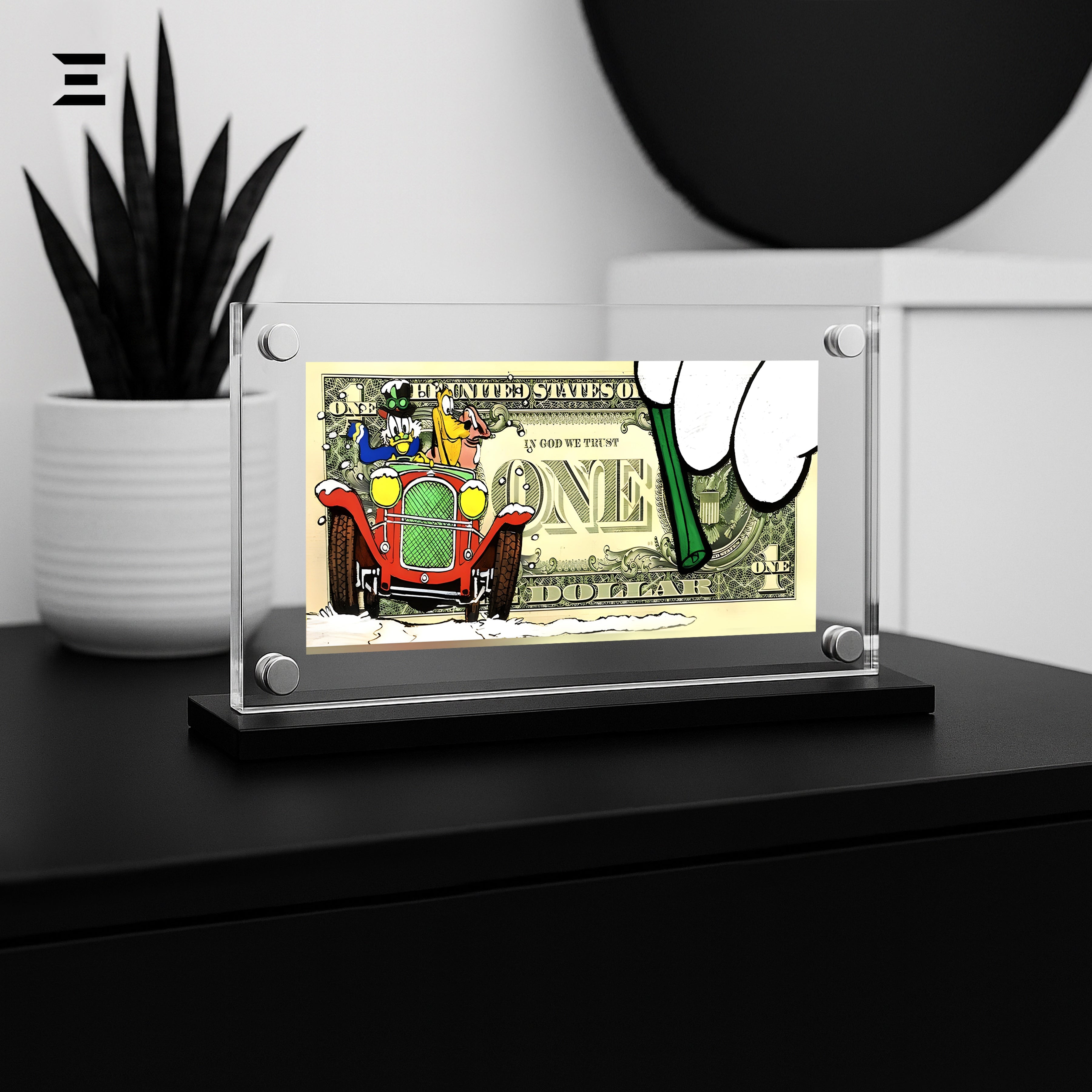 Premium Magnetic Acrylic Frame with Black Base – Goofy & Pluto Driving Vintage Car $1 Pop Art IBRELIA