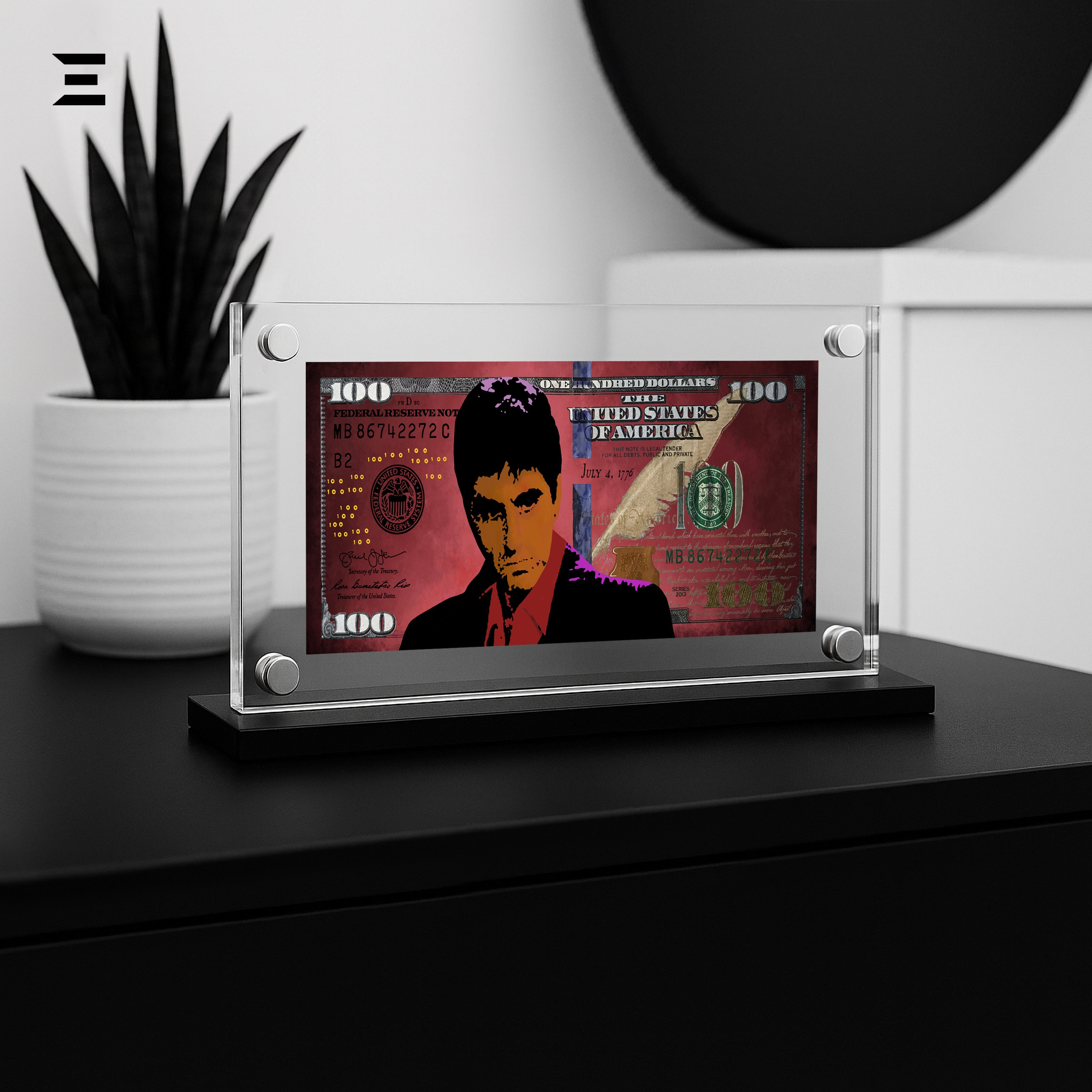 Premium Magnetic Acrylic Frame with Black Base – Scarface $100 Bill Edition IBRELIA
