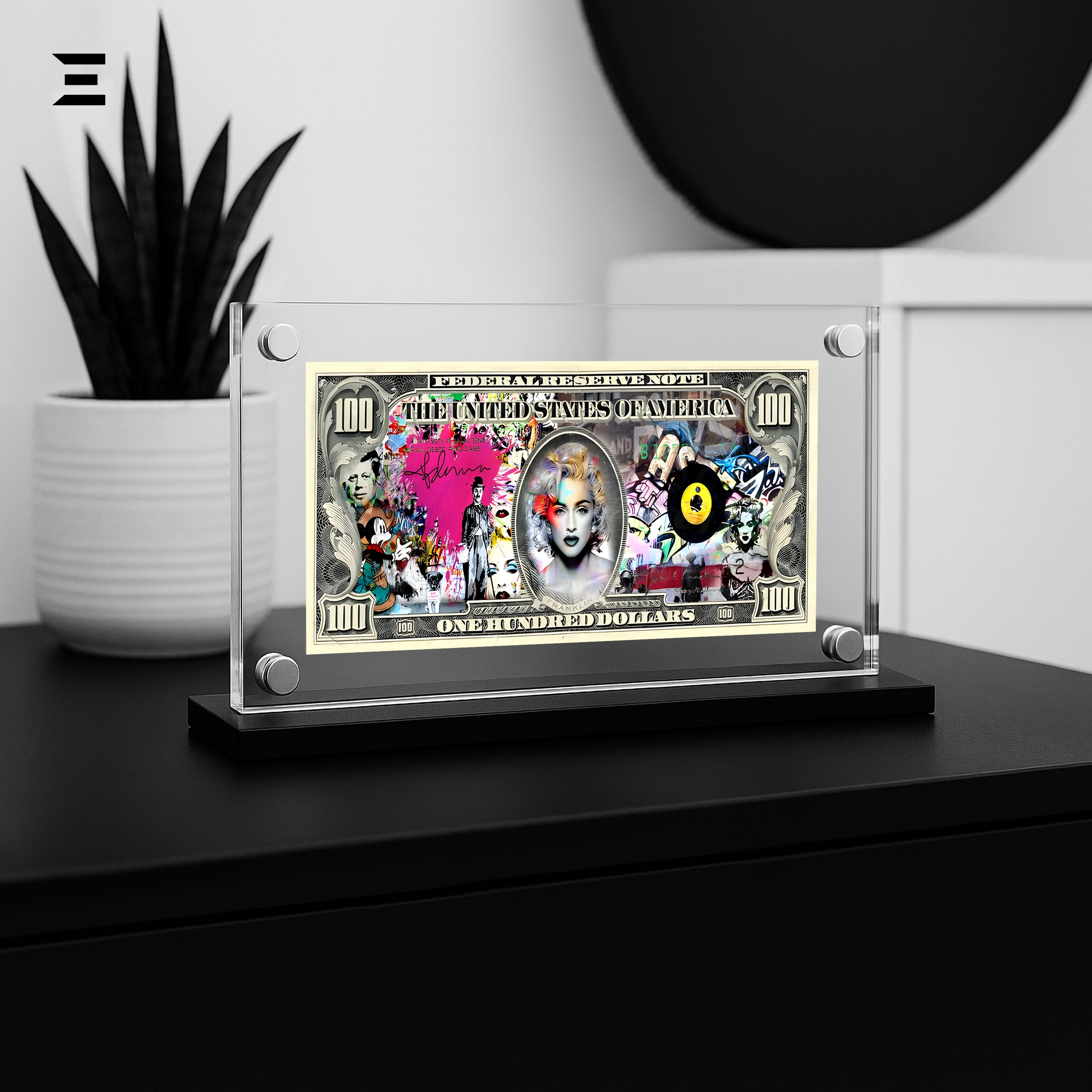 Premium Magnetic Acrylic Frame with Black Base – Madonna $100 Pop Art Dollar IBRELIA