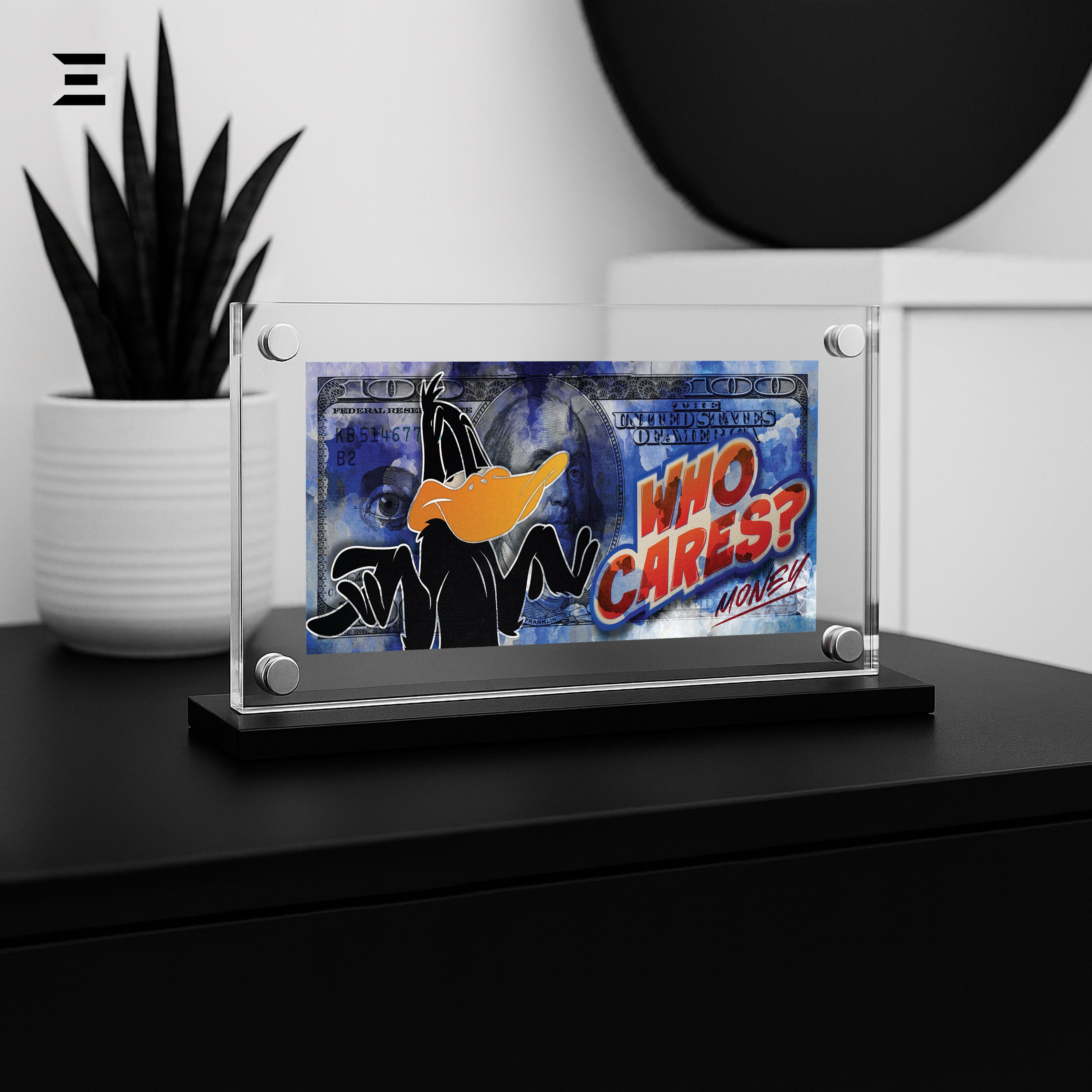 Premium Magnetic Acrylic Frame with Black Base – Daffy Duck “Who Cares? Money” Pop Art IBRELIA
