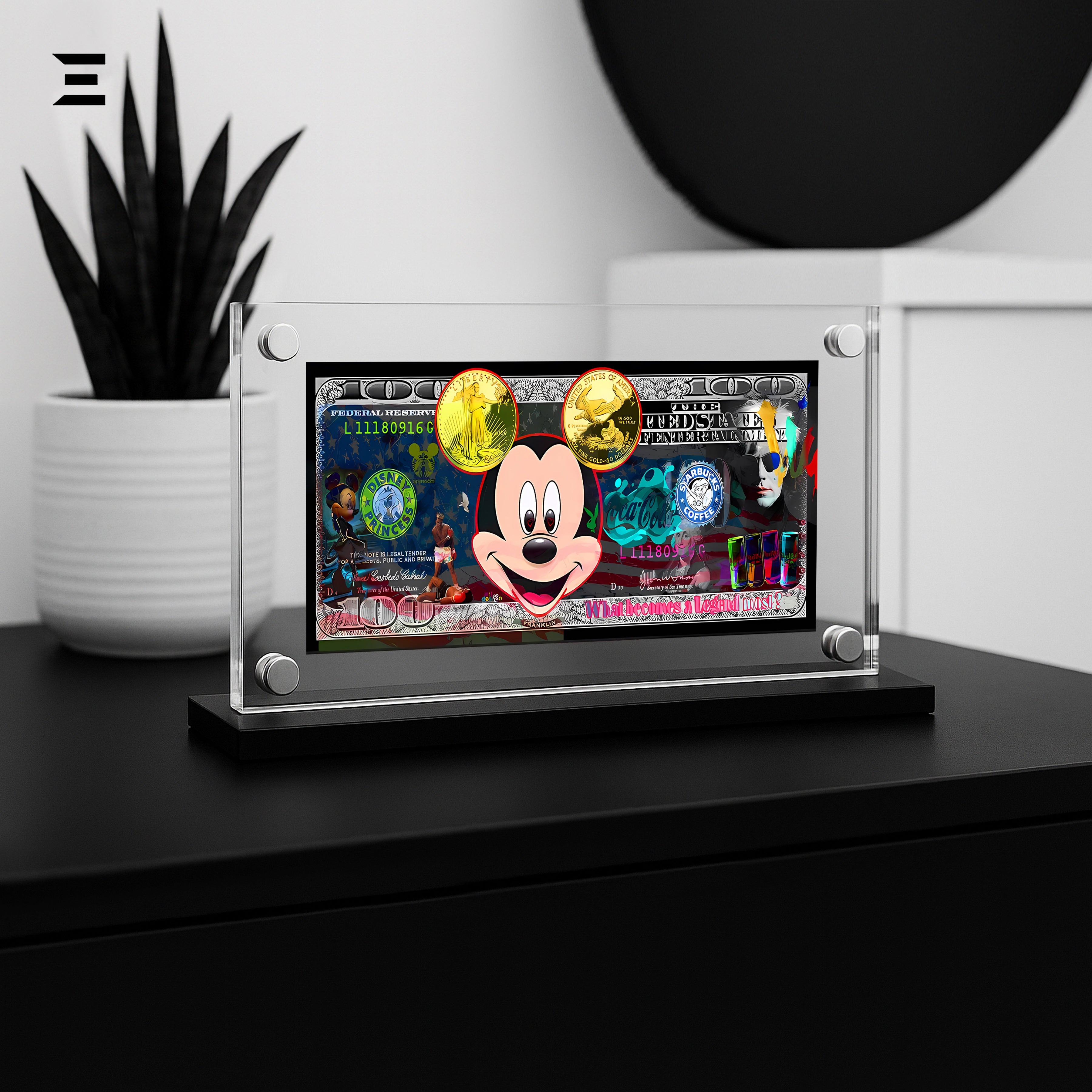Premium Magnetic Acrylic Frame with Black Base – Mickey Mouse & Andy Warhol Pop Art Dollar IBRELIA