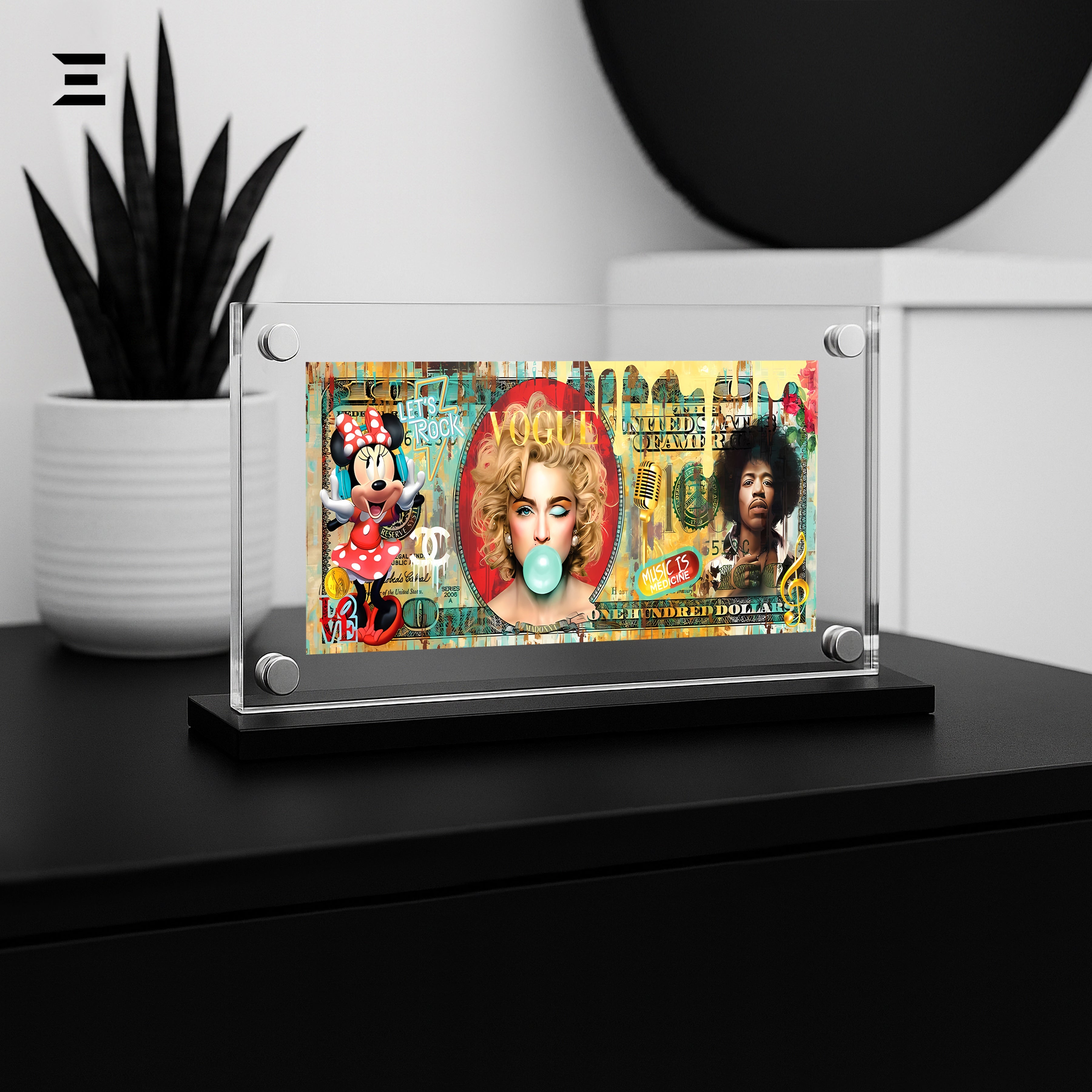 Premium Magnetic Acrylic Frame with Black Base – Madonna, Jimi Hendrix & Minnie Mouse Pop Art IBRELIA
