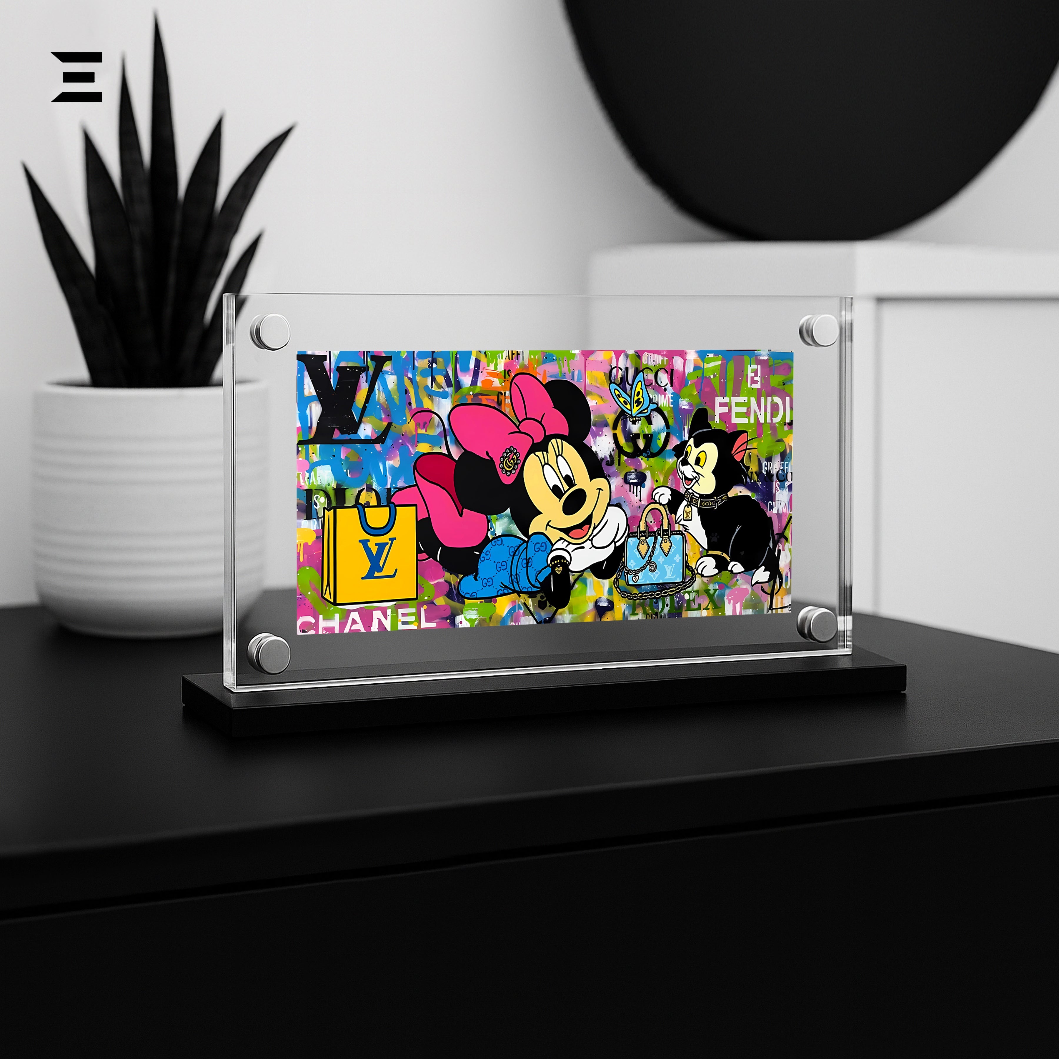 Premium Magnetic Acrylic Frame with Black Base – Minnie Mouse & Figaro Luxury Pop Art IBRELIA