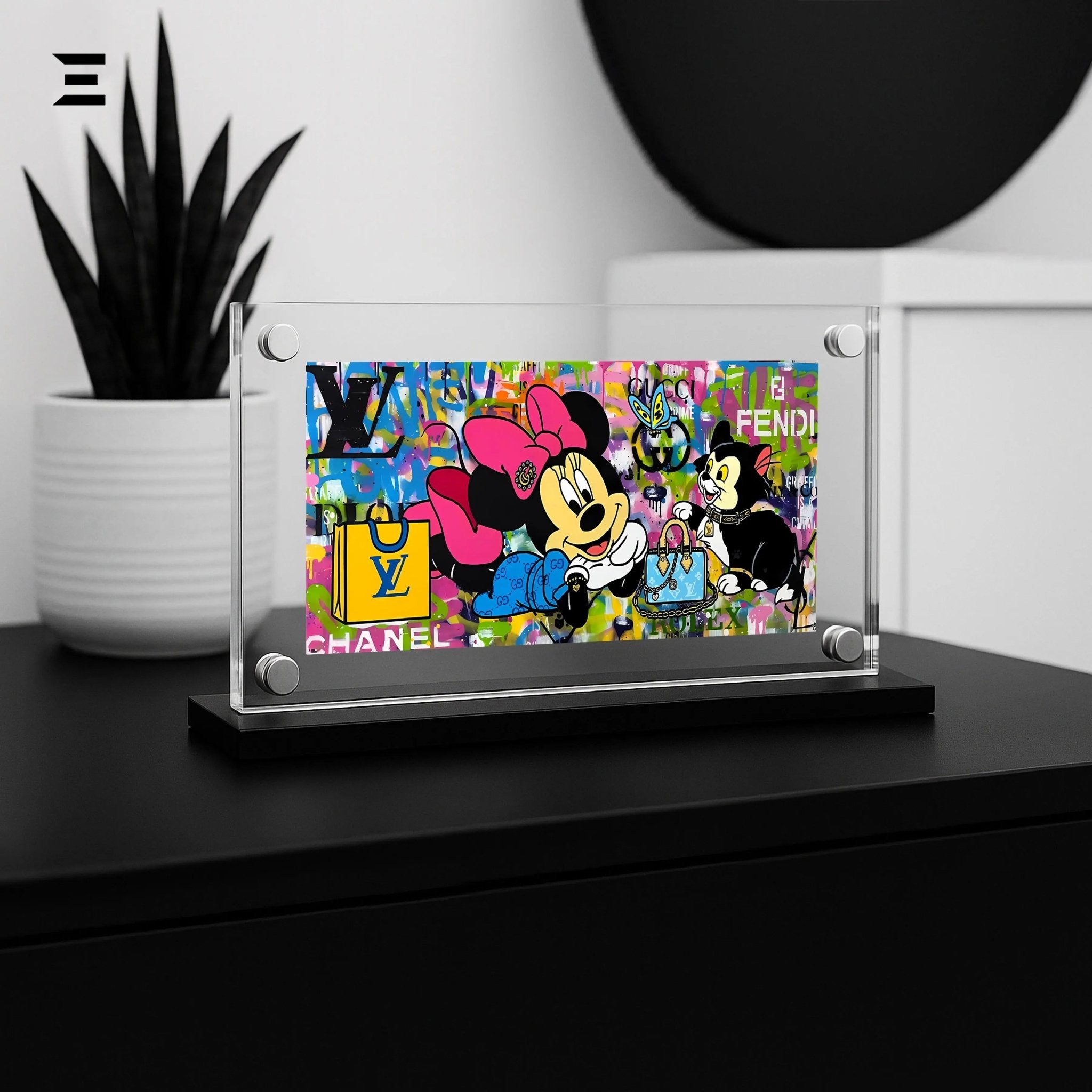 Premium Magnetic Acrylic Frame with Black Base – Minnie Mouse & Figaro Luxury Pop Art - IBRELIA