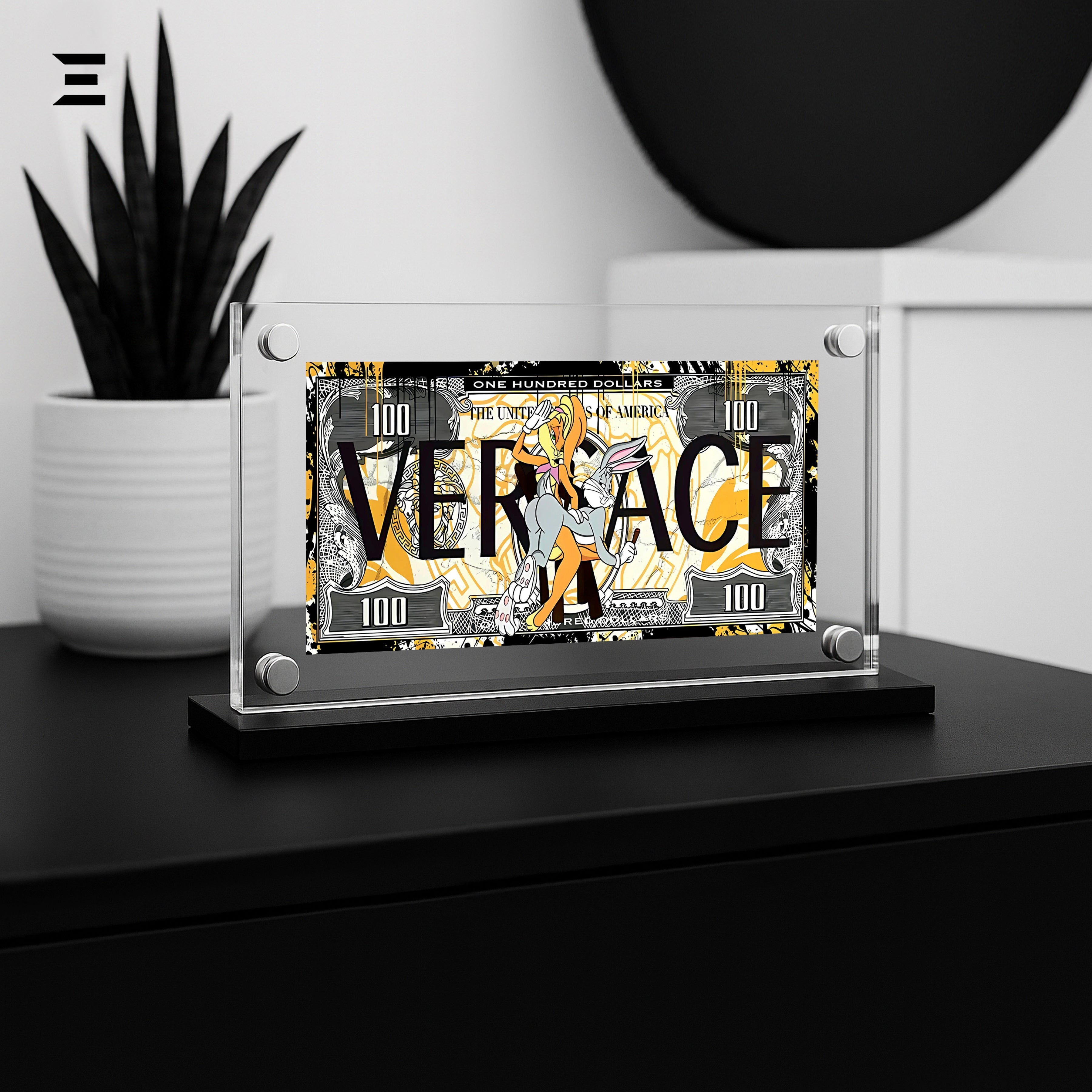 Premium Magnetic Acrylic Frame with Black Base – Bugs Bunny & Lola Bunny Versace $100 Pop Art IBRELIA