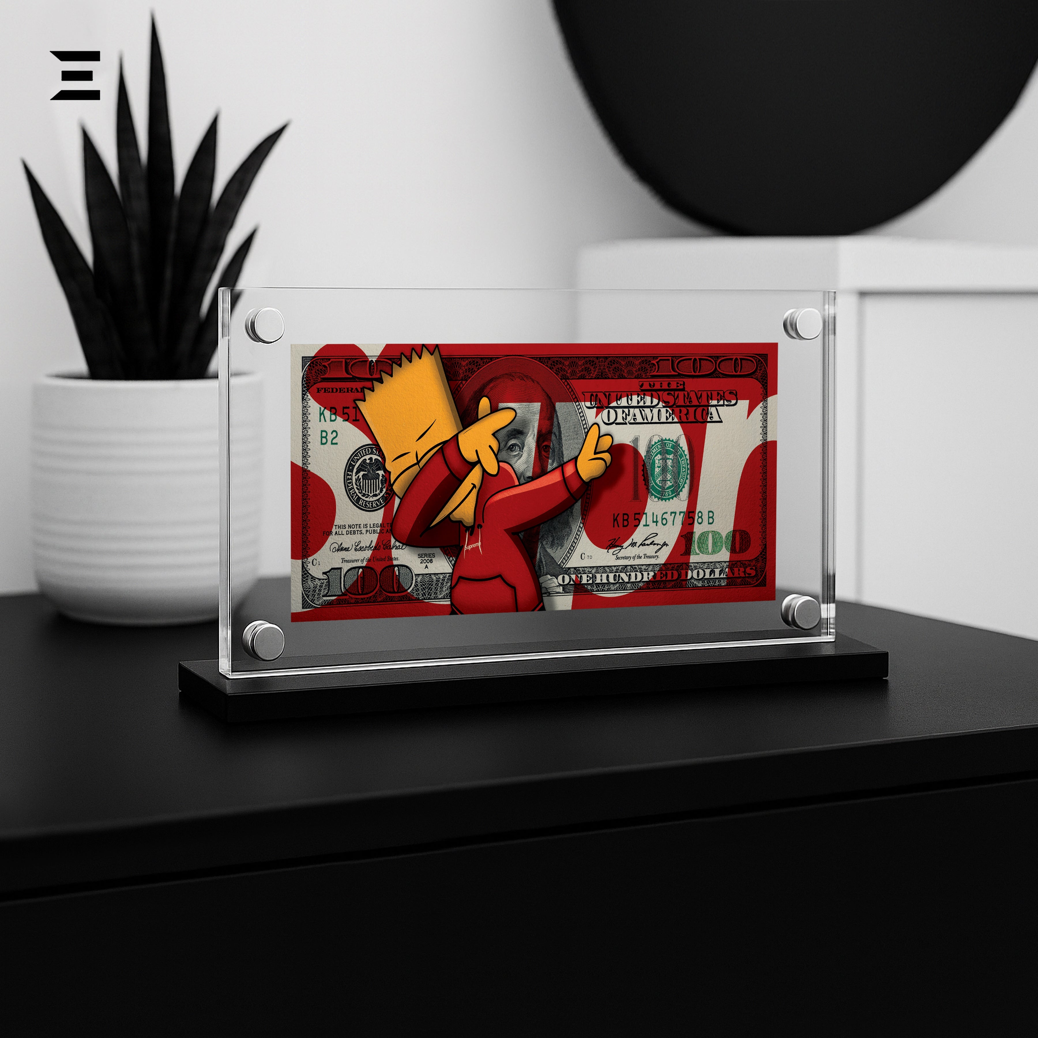 Premium Magnetic Acrylic Frame with Black Base – Bart Simpson Dabbing $100 Pop Art IBRELIA