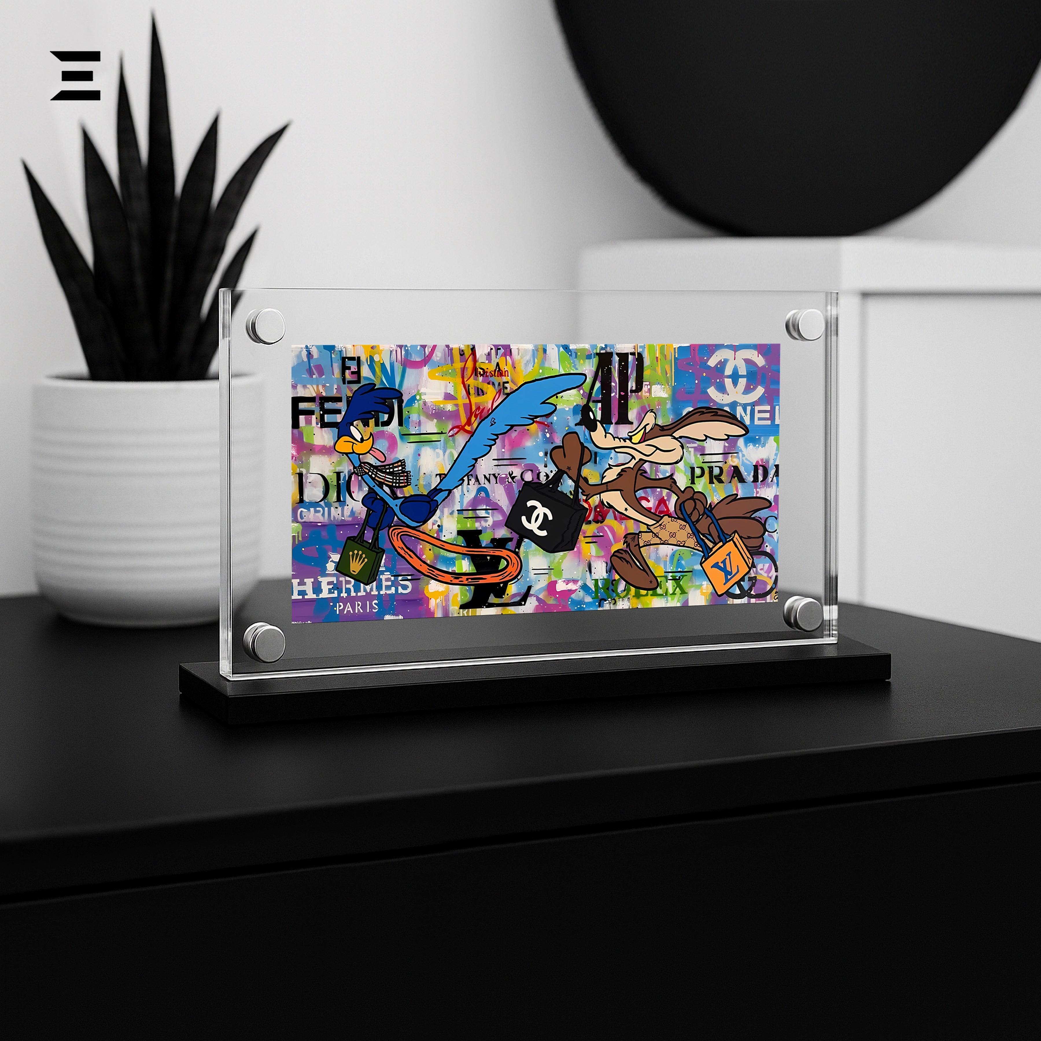 Premium Magnetic Acrylic Frame with Black Base – Road Runner & Wile E. Coyote Luxury Pop Art IBRELIA