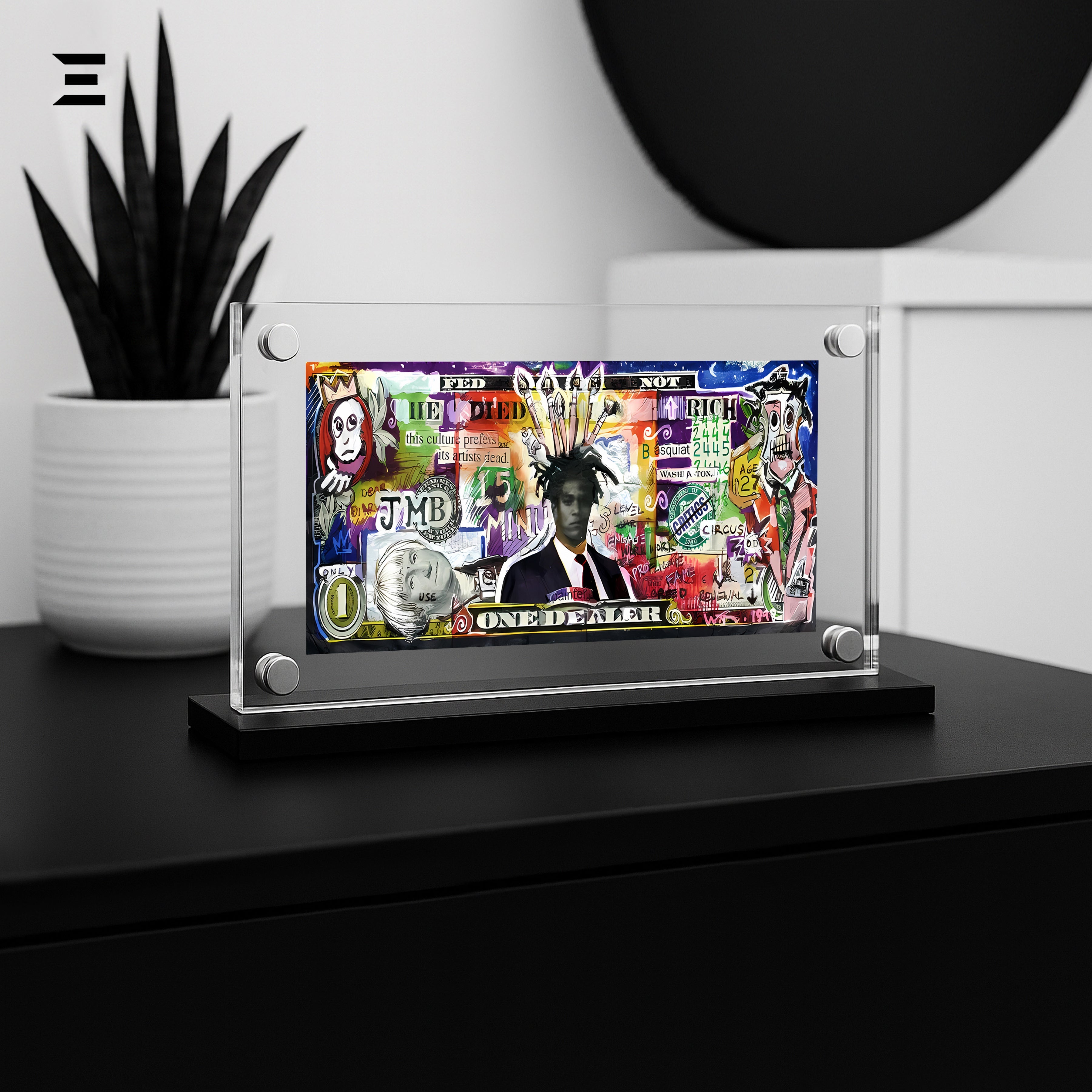 Premium Magnetic Acrylic Frame with Black Base – Jean-Michel Basquiat Pop Art Dollar IBRELIA