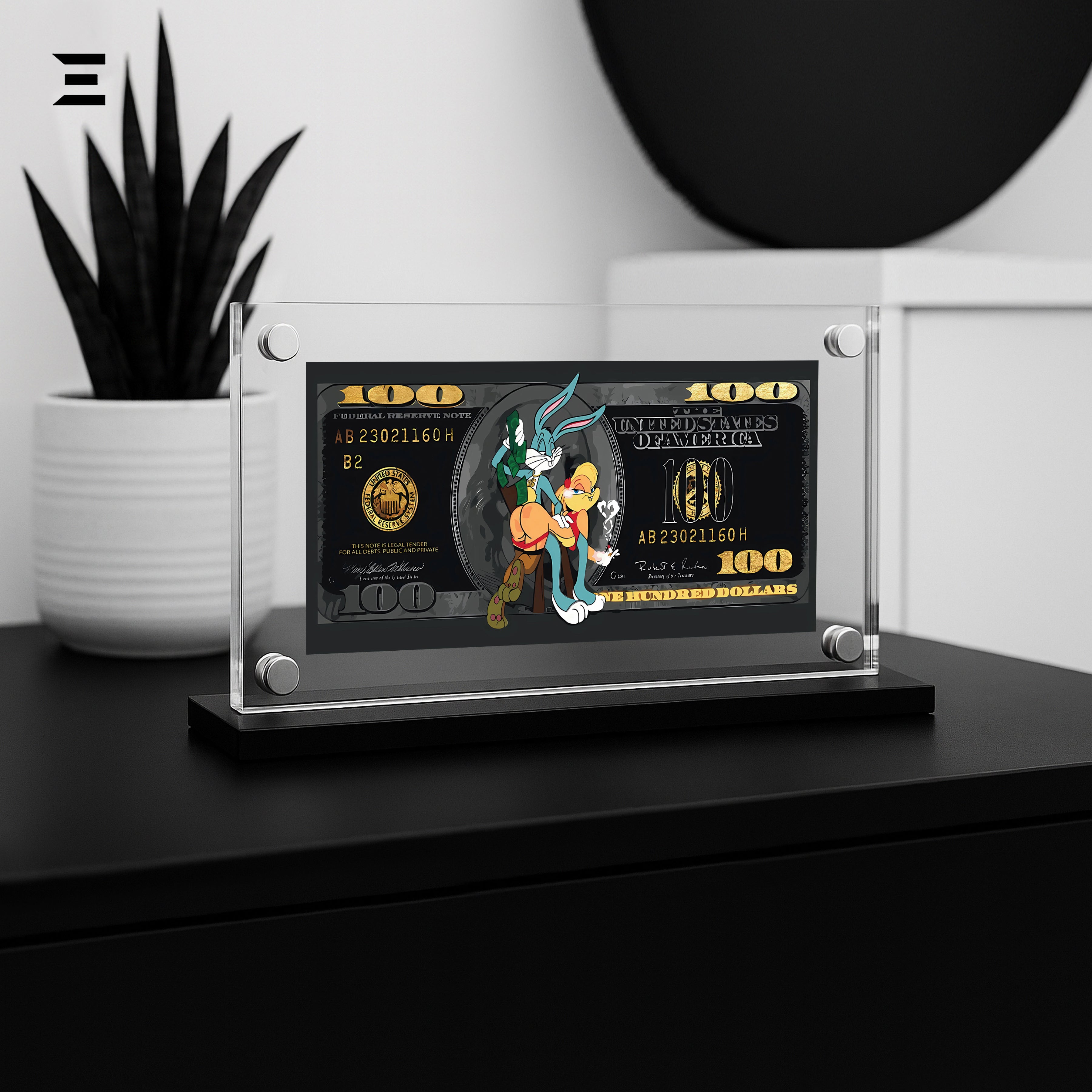 Premium Magnetic Acrylic Frame with Black Base – Bugs Bunny & Lola Bunny $100 Pop Art IBRELIA
