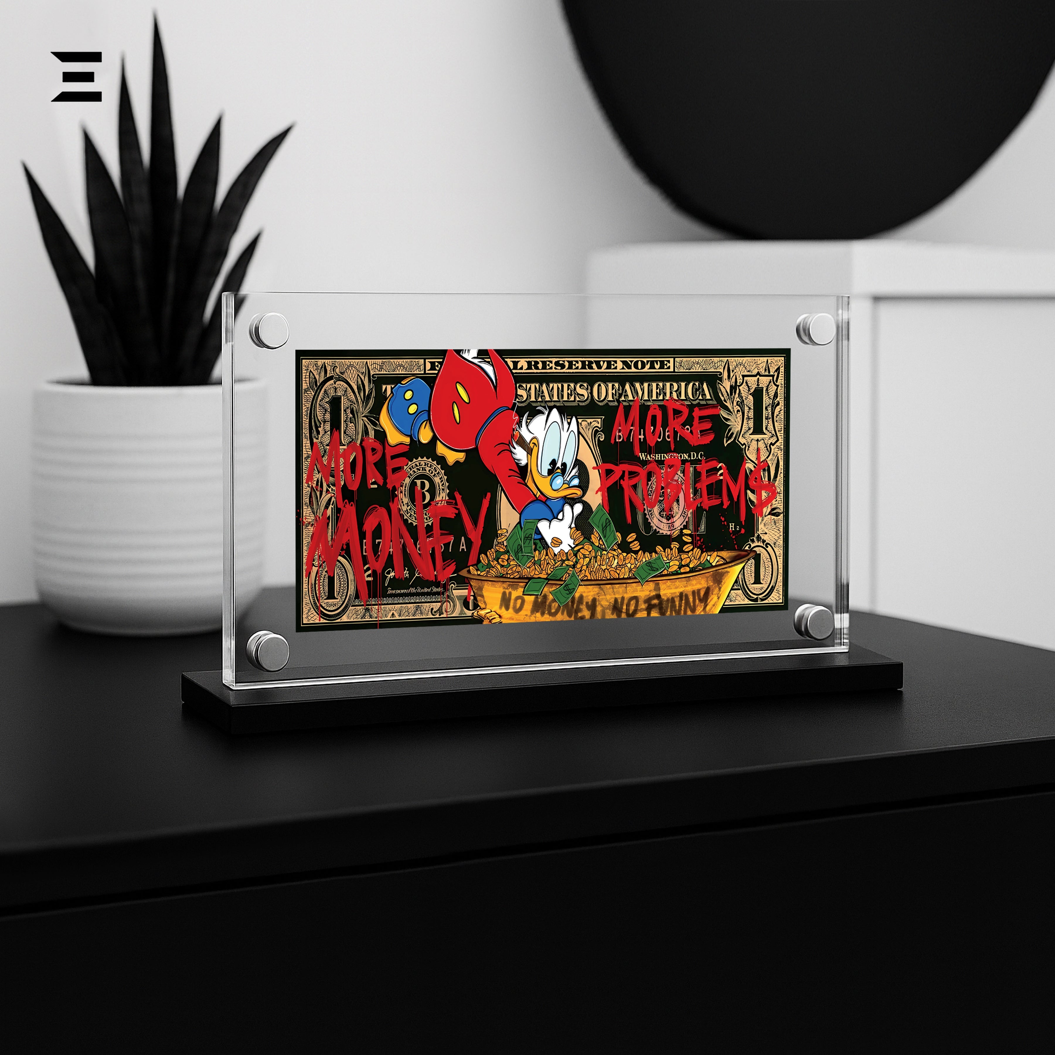 Premium Magnetic Acrylic Frame with Black Base – Scrooge McDuck "More Money More Problems" Pop Art IBRELIA