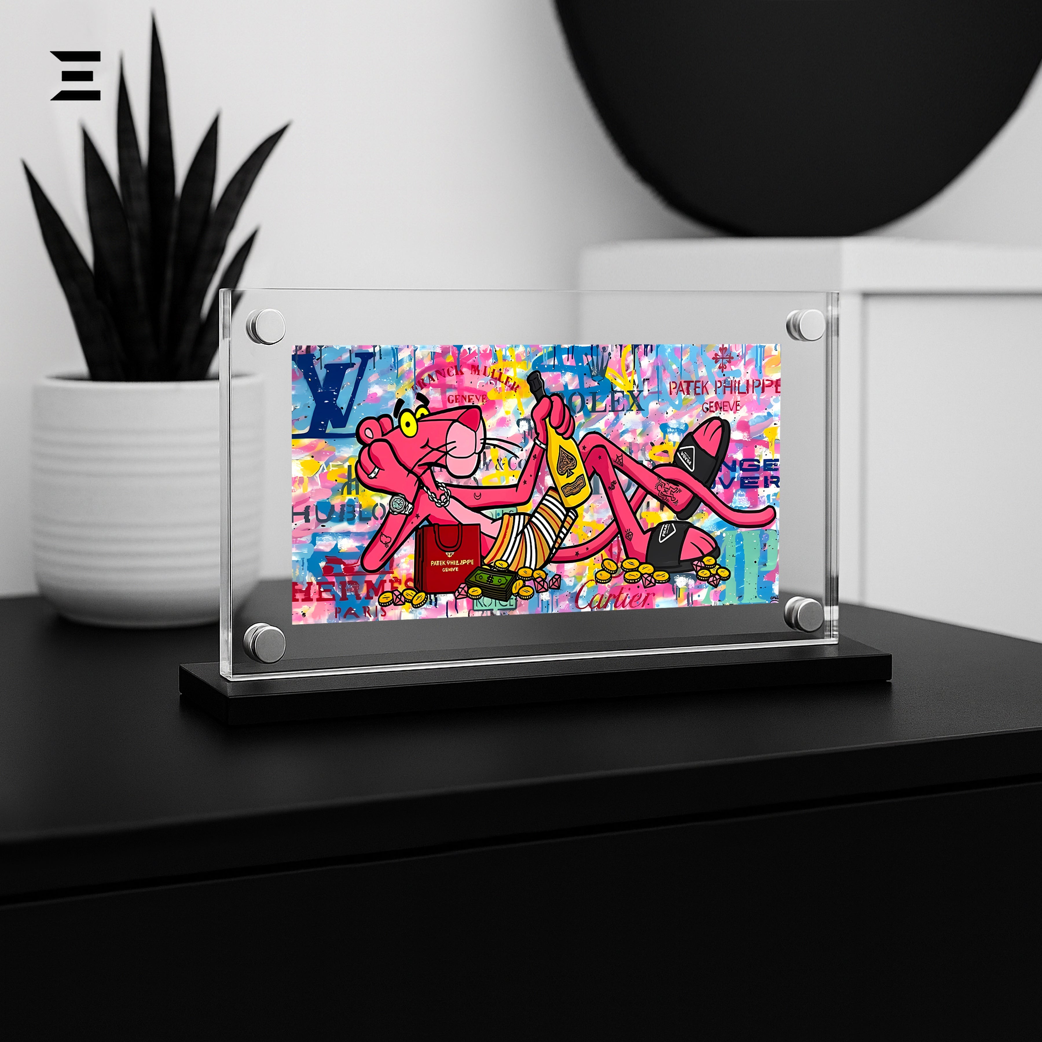 Premium Magnetic Acrylic Frame with Black Base – Pink Panther Luxury Graffiti Pop Art IBRELIA