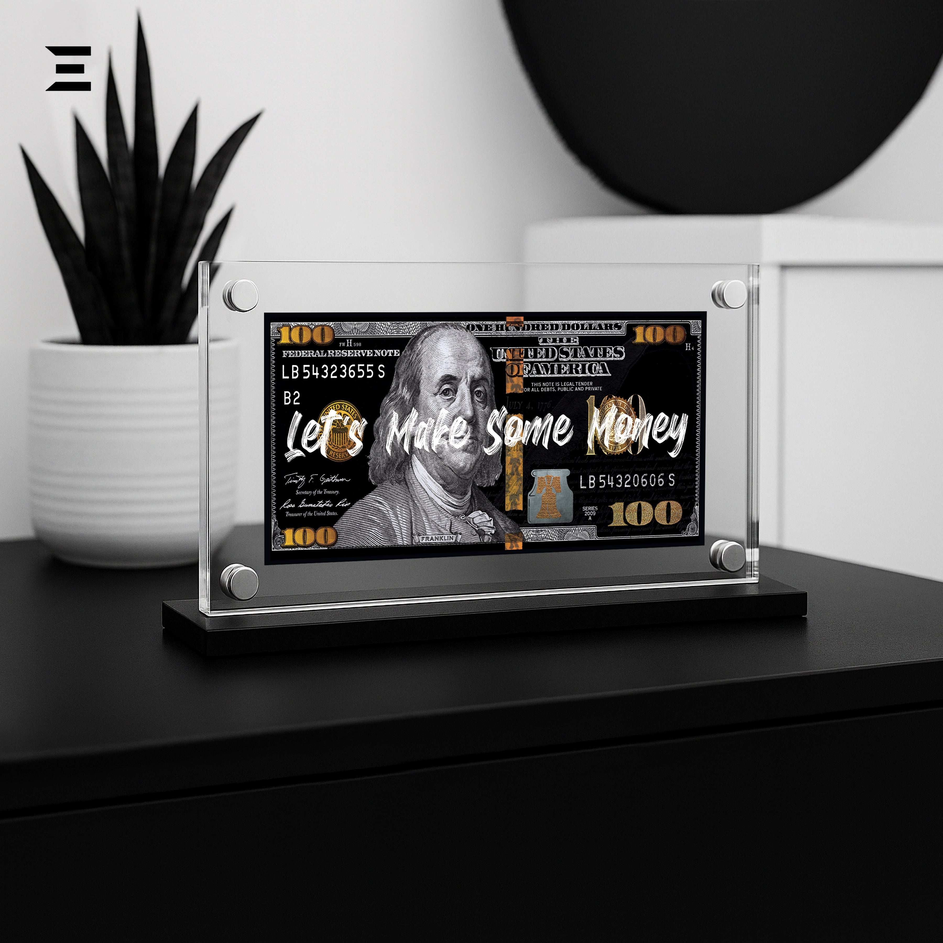 Premium Magnetic Acrylic Frame with Black Base – Benjamin Franklin “Let’s Make Some Money” IBRELIA
