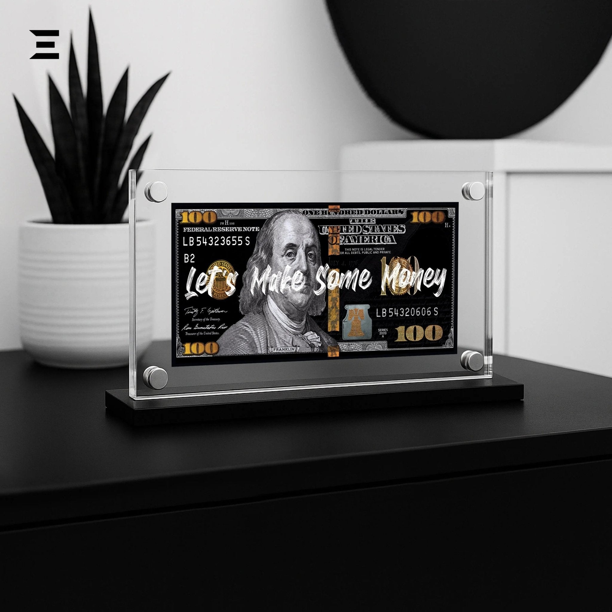 Premium Magnetic Acrylic Frame with Black Base – Benjamin Franklin “Let’s Make Some Money” - IBRELIA