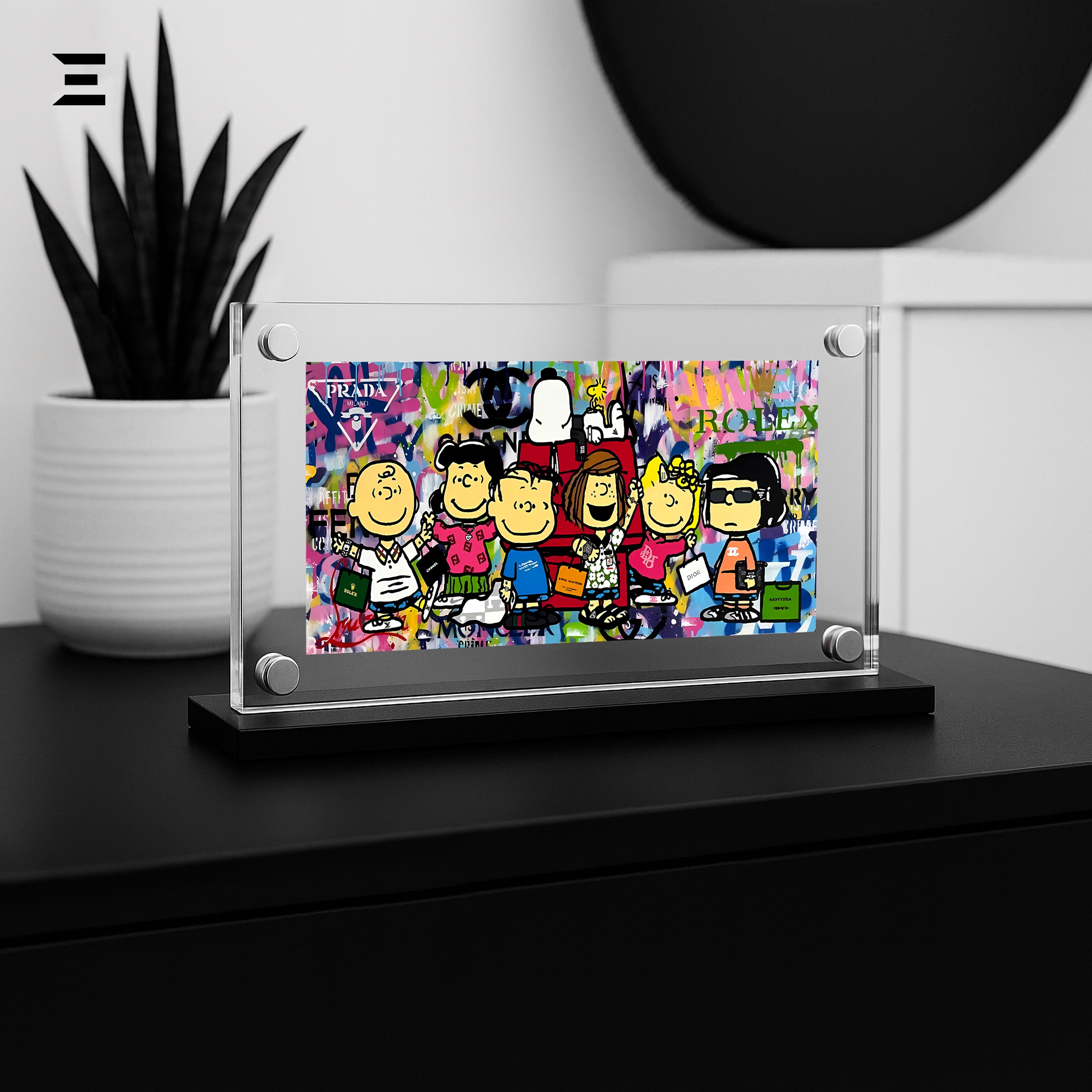 Premium Magnetic Acrylic Frame with Black Base – Charlie Brown & Snoopy Peanuts Luxury Pop Art IBRELIA