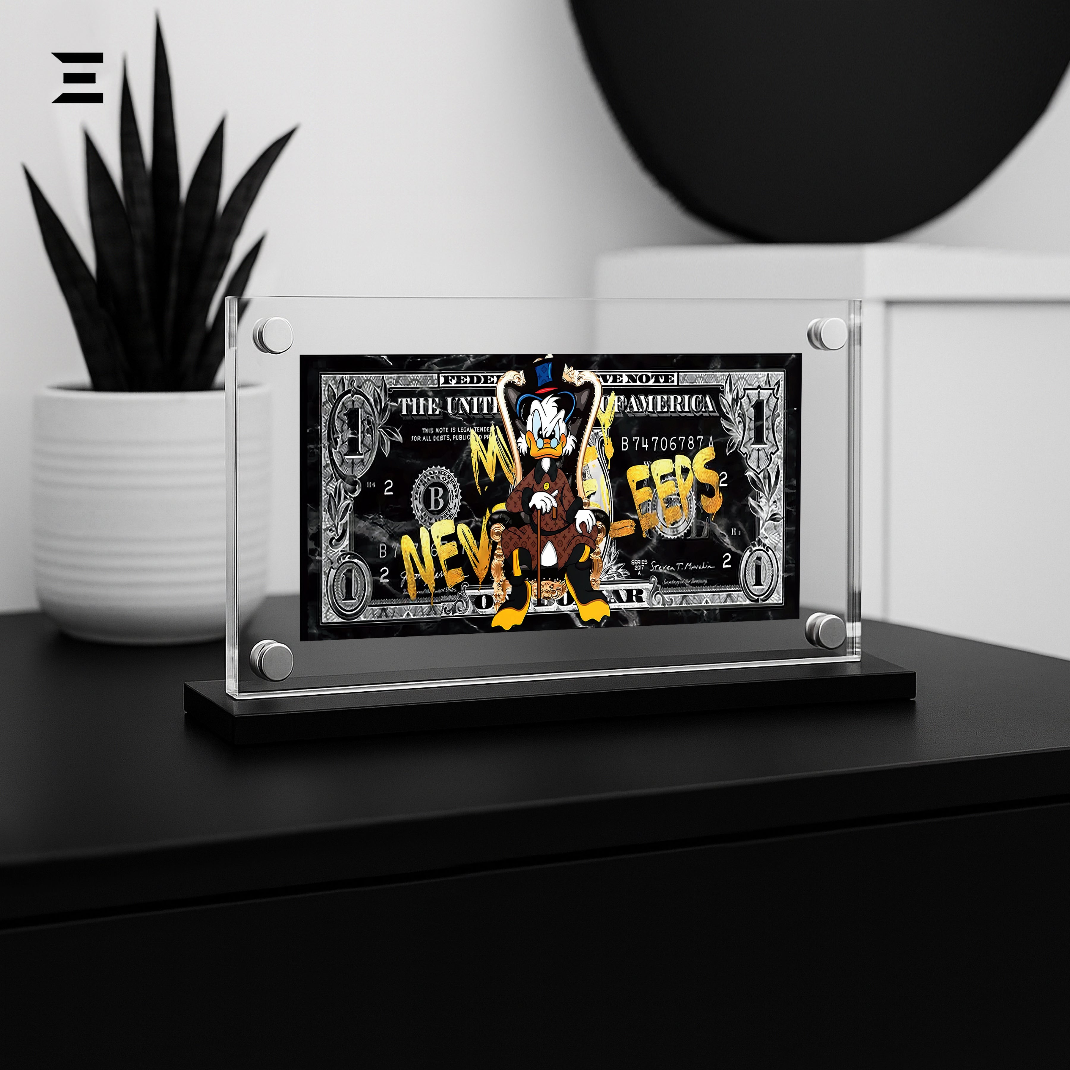 Premium Magnetic Acrylic Frame with Black Base – Scrooge McDuck "Money Never Sleeps" Pop Art IBRELIA