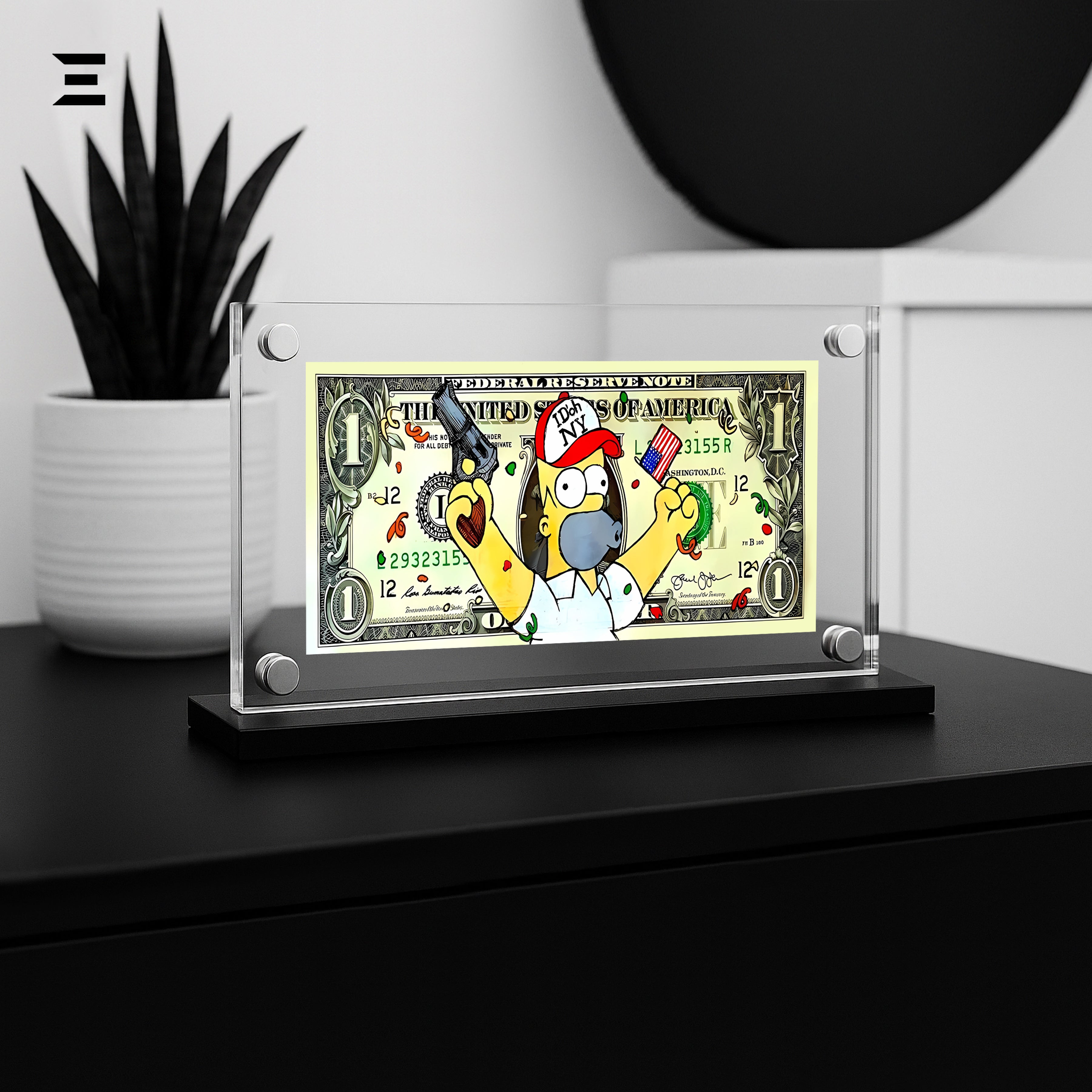 Premium Magnetic Acrylic Frame with Black Base – Homer Simpson $1 Pop Art Dollar IBRELIA