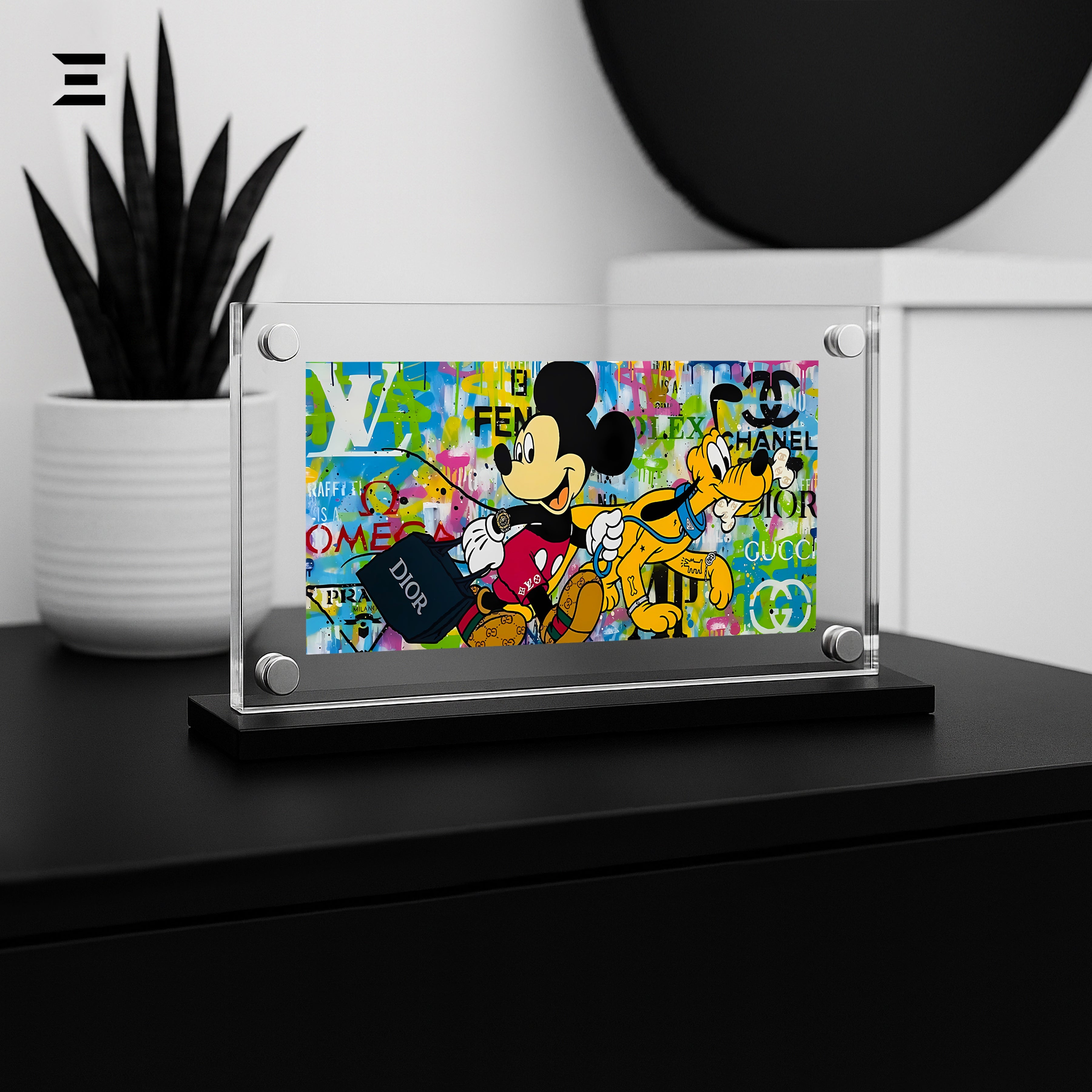Premium Magnetic Acrylic Frame with Black Base – Mickey Mouse & Pluto Luxury Pop Art IBRELIA