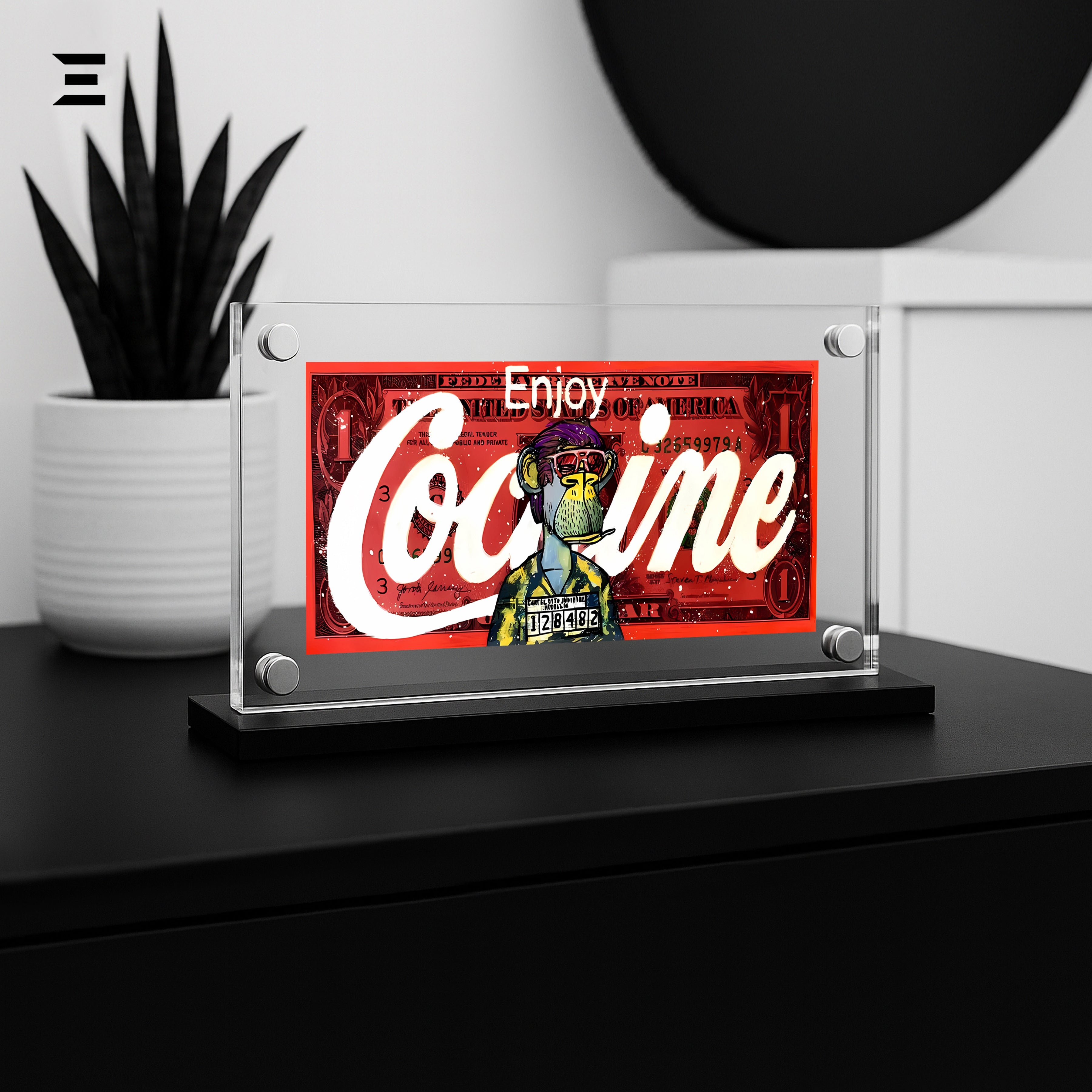 Premium Magnetic Acrylic Frame with Black Base – Bored Ape “Enjoy Cocaine” Pop Art Dollar IBRELIA