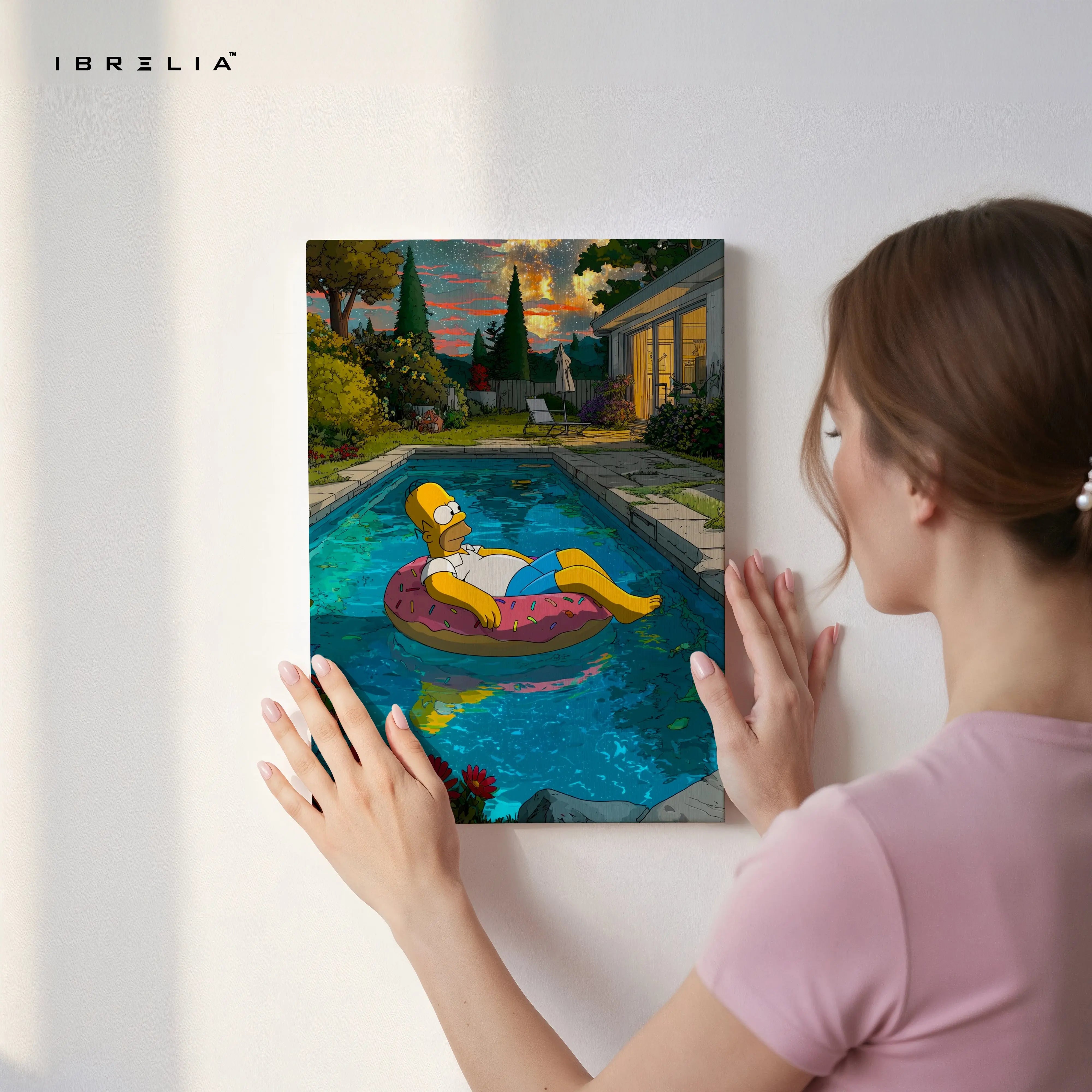 Homer Simpson Chill Pool Wall Art – Relaxing Cartoon Canvas Frame | Aesthetic Summer Vibes Decor Pakistan | IBRELIA™ IBRELIA