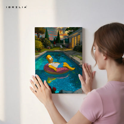 Homer Simpson Chill Pool Wall Art – Relaxing Cartoon Canvas Frame | Aesthetic Summer Vibes Decor Pakistan | IBRELIA™ IBRELIA