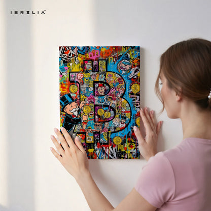 Bitcoin Graffiti Wall Art – Crypto Street Art Canvas | Monopoly Bitcoin Poster | Modern Finance Wall Decor Pakistan | IBRELIA™ IBRELIA