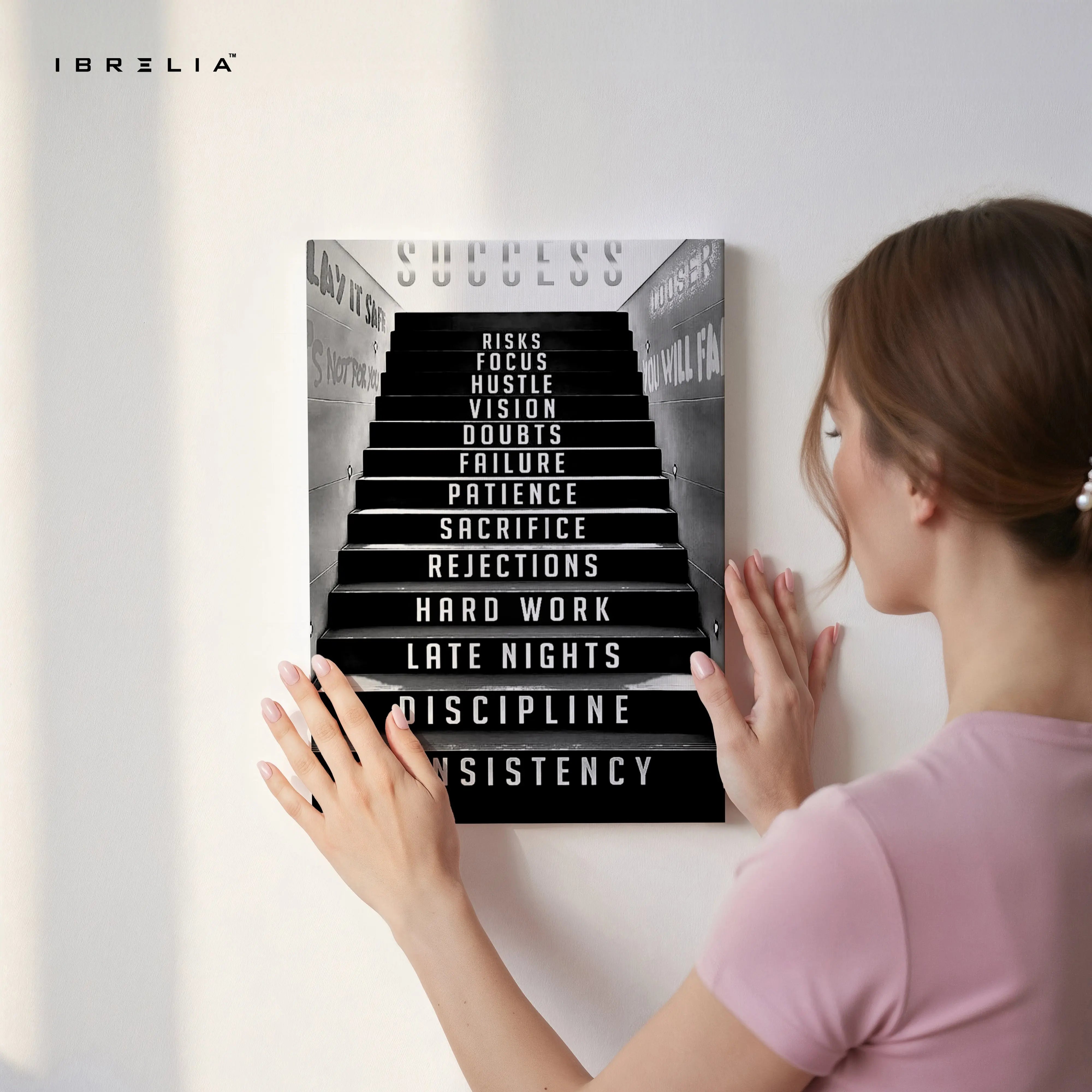 Success Staircase Motivation Wall Art – Hustle & Discipline Canvas Frame | Inspirational Office Poster Pakistan | IBRELIA™ IBRELIA