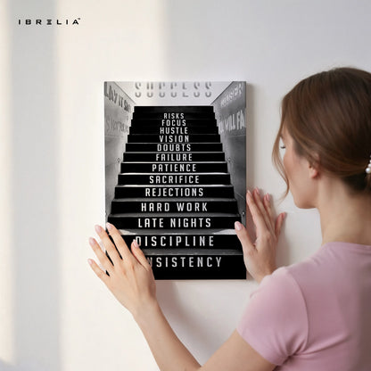 Success Staircase Motivation Wall Art – Hustle & Discipline Canvas Frame | Inspirational Office Poster Pakistan | IBRELIA™ IBRELIA