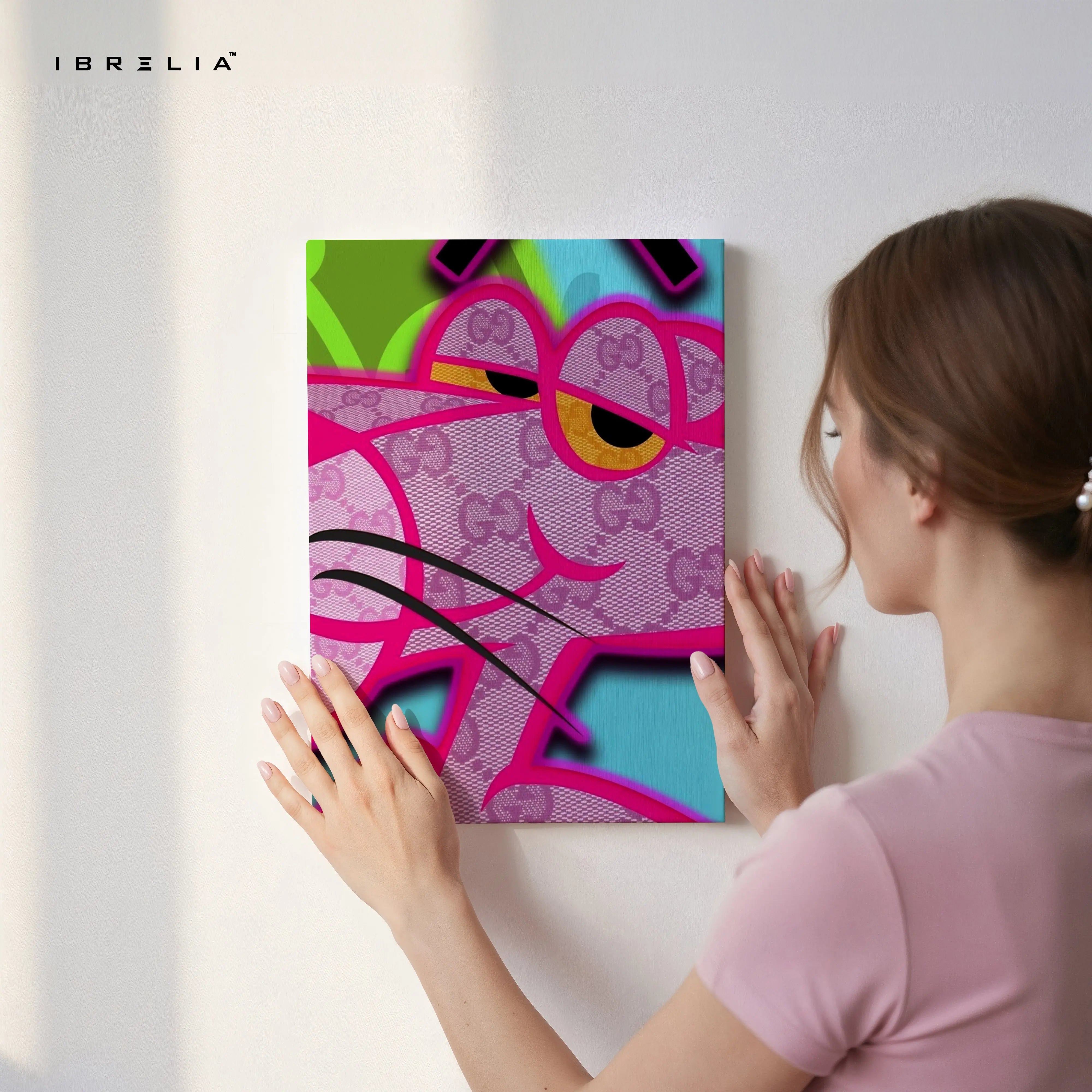 Gucci x Pink Panther Wall Art – Neon Luxury Cartoon Canvas Frame | Designer Street Style Poster Pakistan | IBRELIA™ IBRELIA