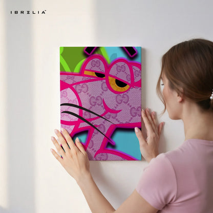 Gucci x Pink Panther Wall Art – Neon Luxury Cartoon Canvas Frame | Designer Street Style Poster Pakistan | IBRELIA™ IBRELIA