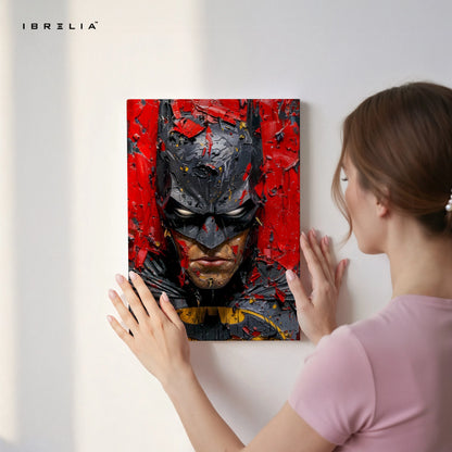 Batman Dark Knight Wall Art – Gritty Superhero Canvas Frame | Red Black Cinematic Poster Pakistan | IBRELIA™ IBRELIA