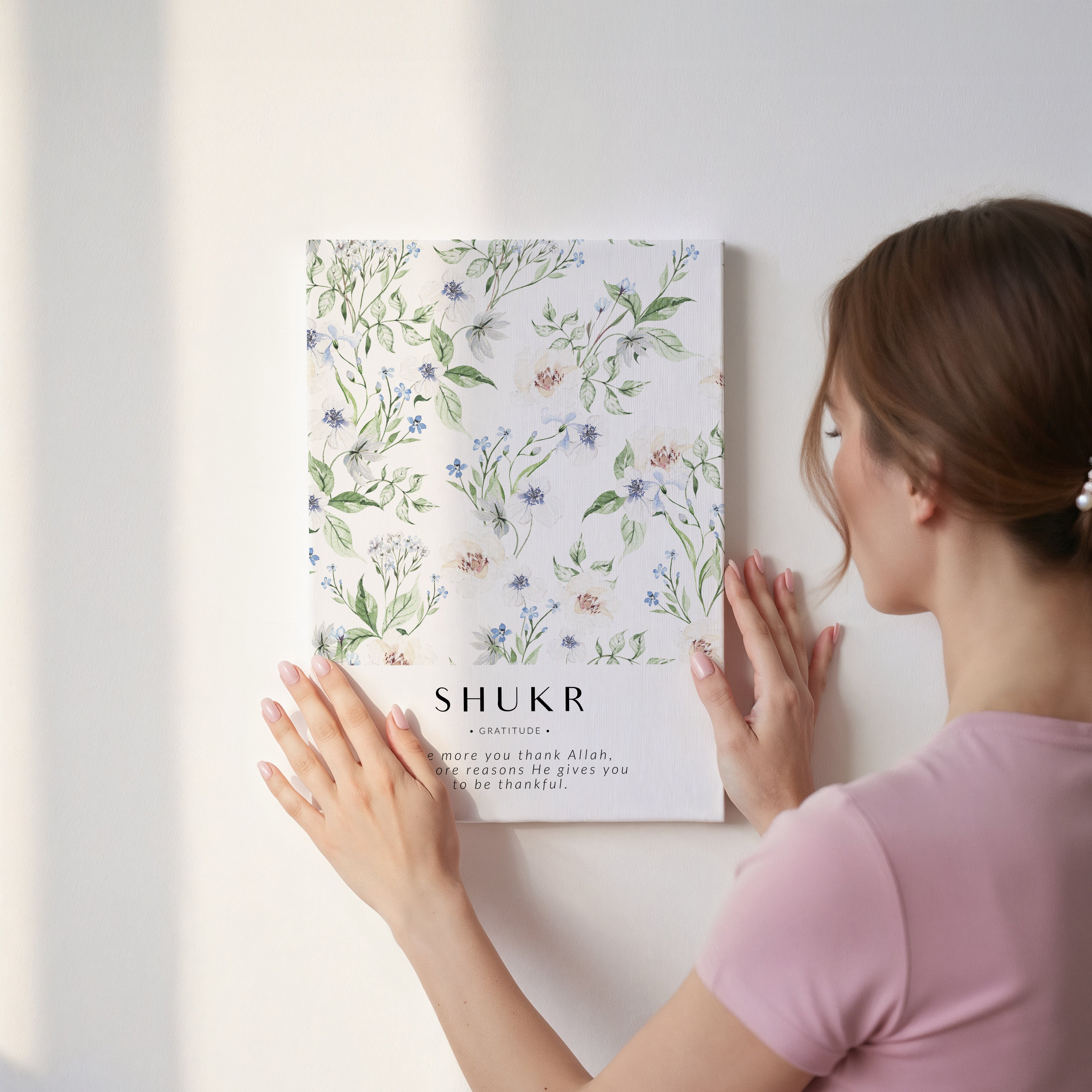 Shukr Gratitude Islamic Wall Art – Blue Floral Botanical Design | 4K Ultra Wrap Frame Wall Art in Pakistan | IBRELIA™