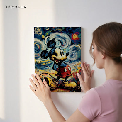 Mickey Mouse Starry Night Wall Art – Artistic Cartoon Canvas Frame | Abstract Classic Painting Style Poster Pakistan | IBRELIA™ IBRELIA