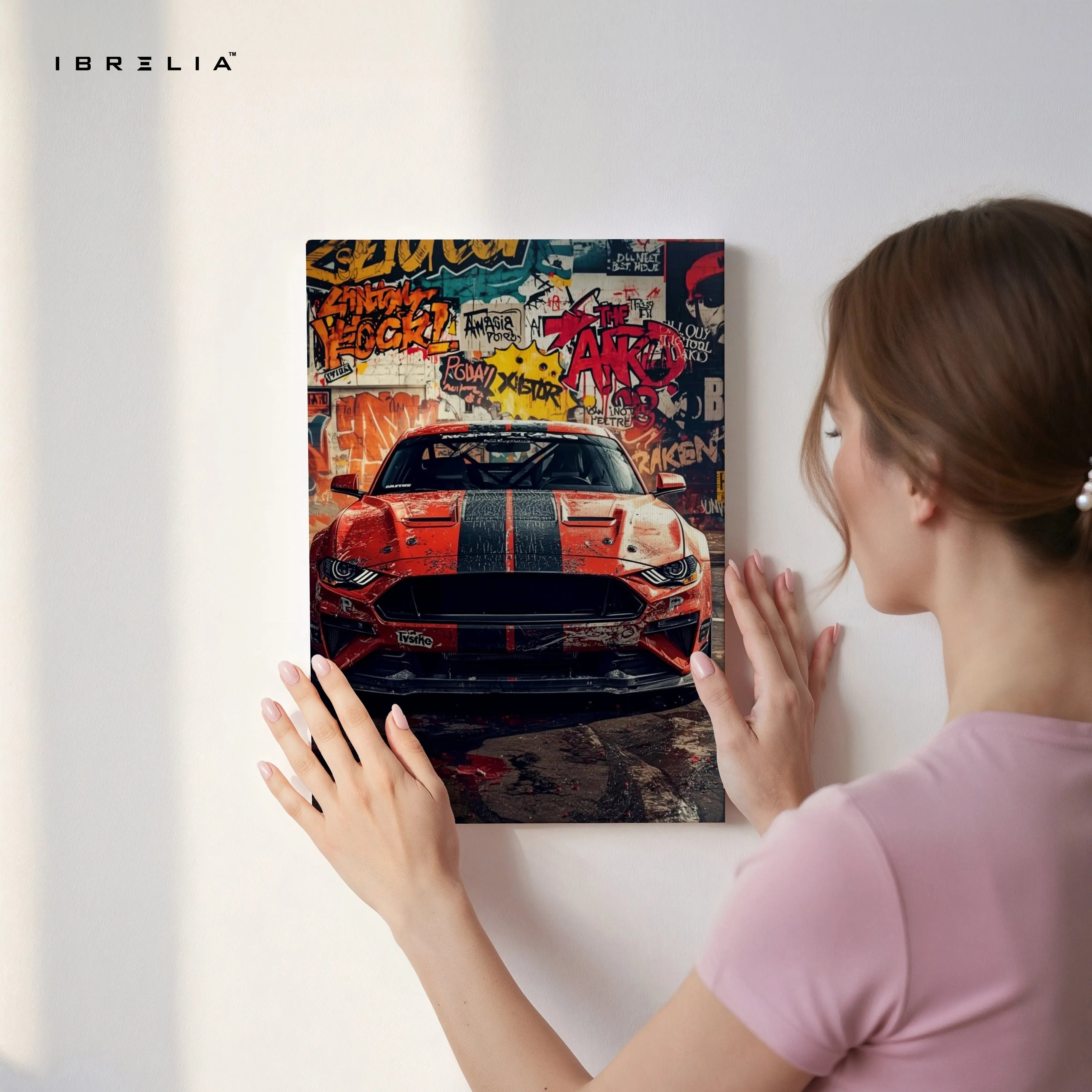 Ford Mustang Graffiti Wall Art – Street Racing Car Canvas Frame Pakistan | Urban Muscle Car Poster | IBRELIA™ IBRELIA