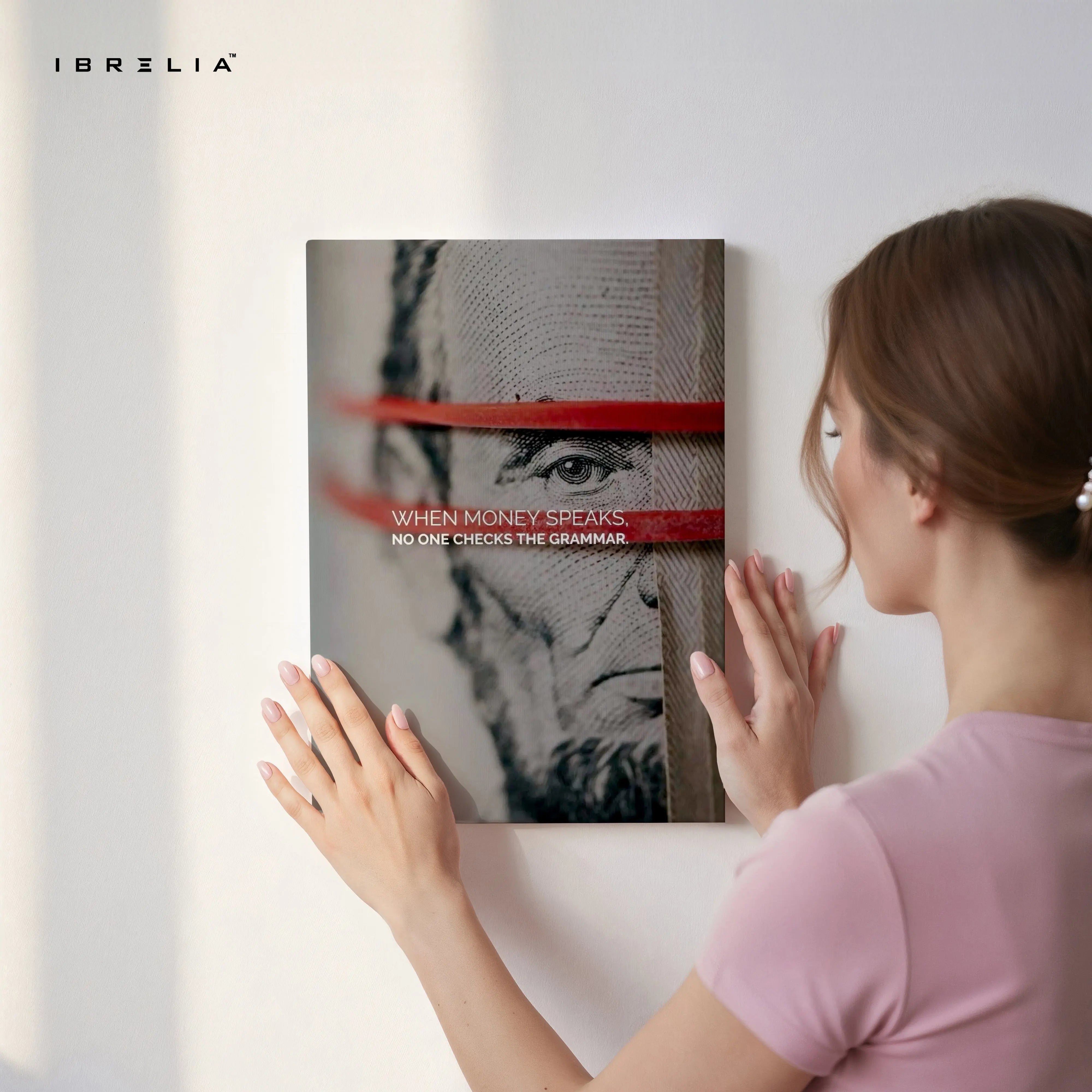Money Speaks Quote Wall Art – Benjamin Franklin Dollar Canvas Frame | Motivational Wealth Poster Pakistan | IBRELIA™ IBRELIA
