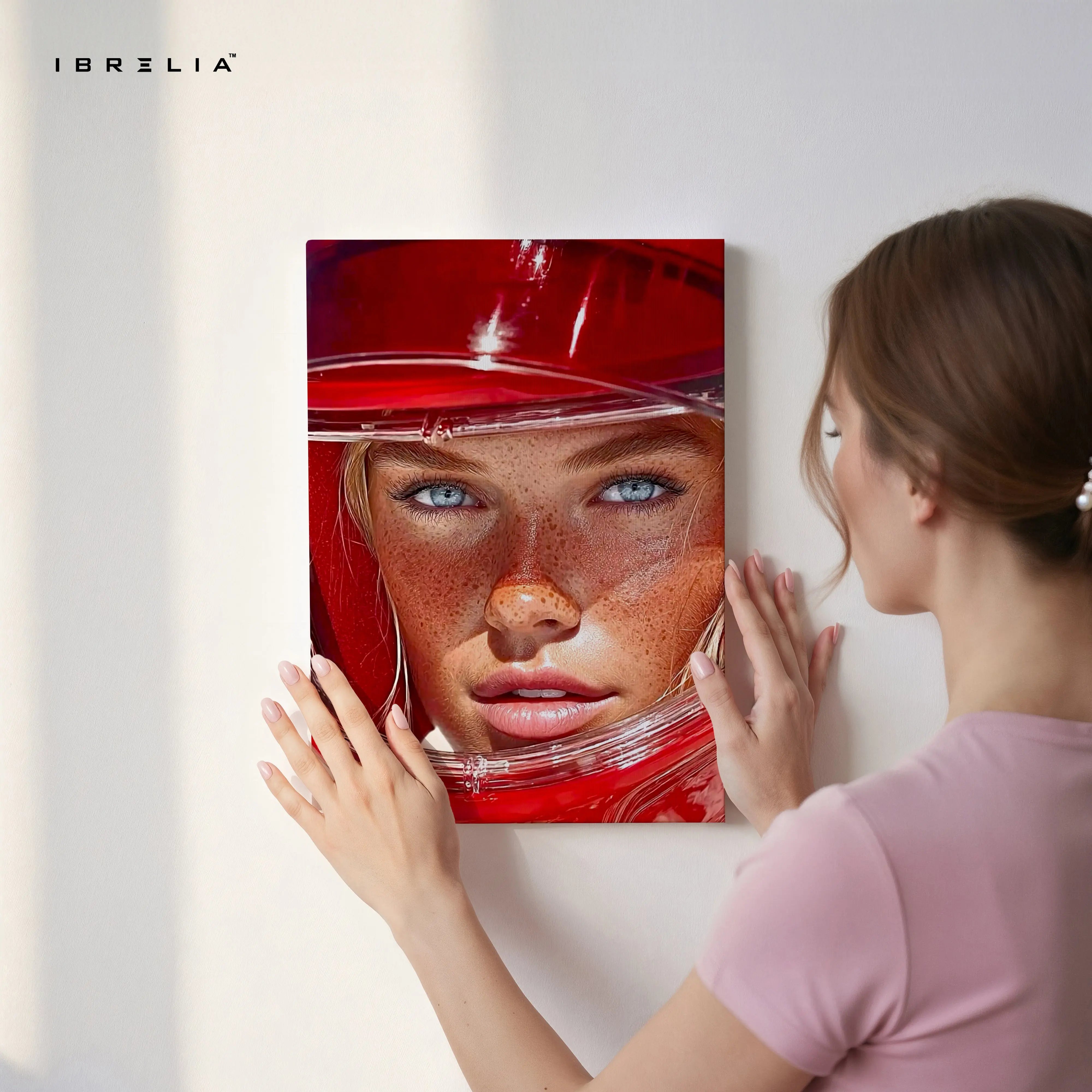 Red Helmet Portrait Wall Art – Aesthetic Fashion Canvas Frame | Bold Modern Female Poster Pakistan | IBRELIA™ IBRELIA